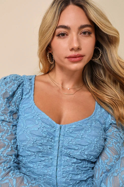 LIGHT BLUE LACE LONG SLEEVE CORSET CROP TOP