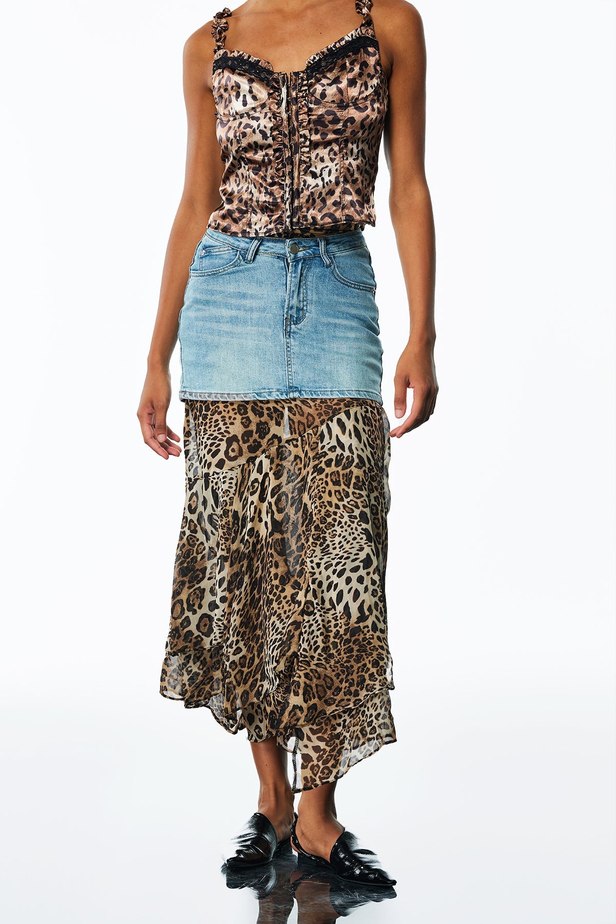 AMALFRIDA DECONSTRUCTED RUFFLE DENIM SKIRT