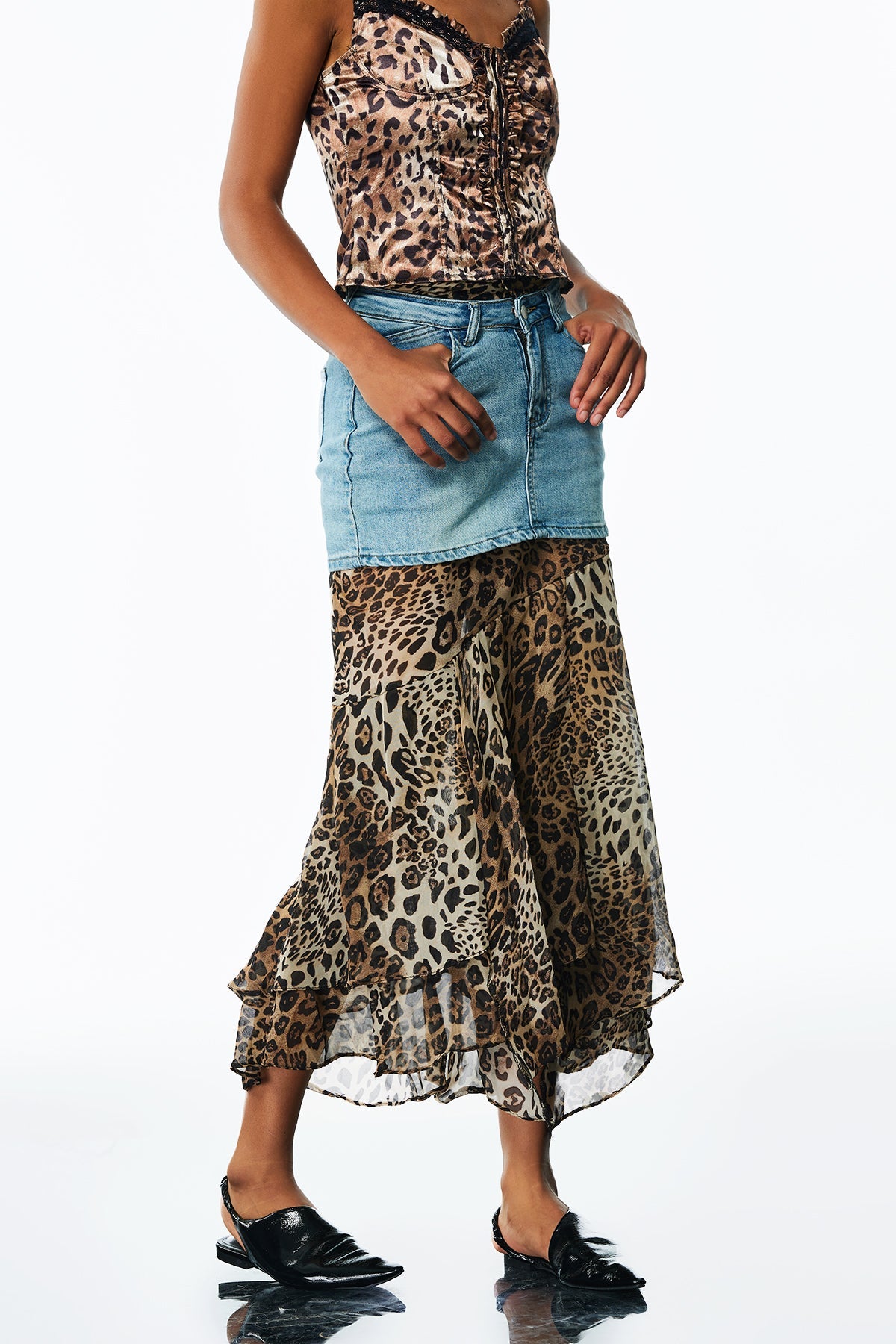 AMALFRIDA DECONSTRUCTED RUFFLE DENIM SKIRT
