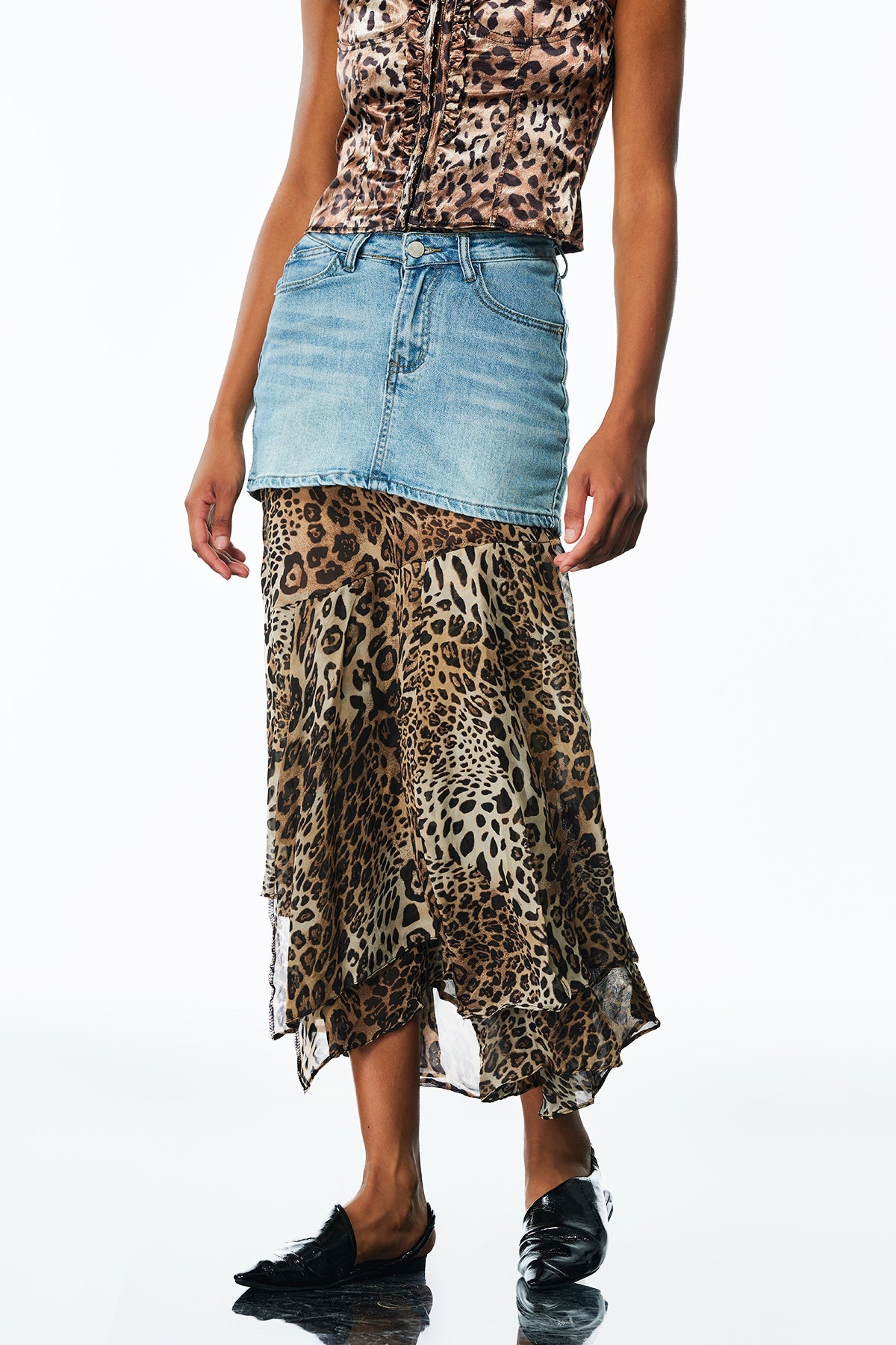 AMALFRIDA DECONSTRUCTED RUFFLE DENIM SKIRT