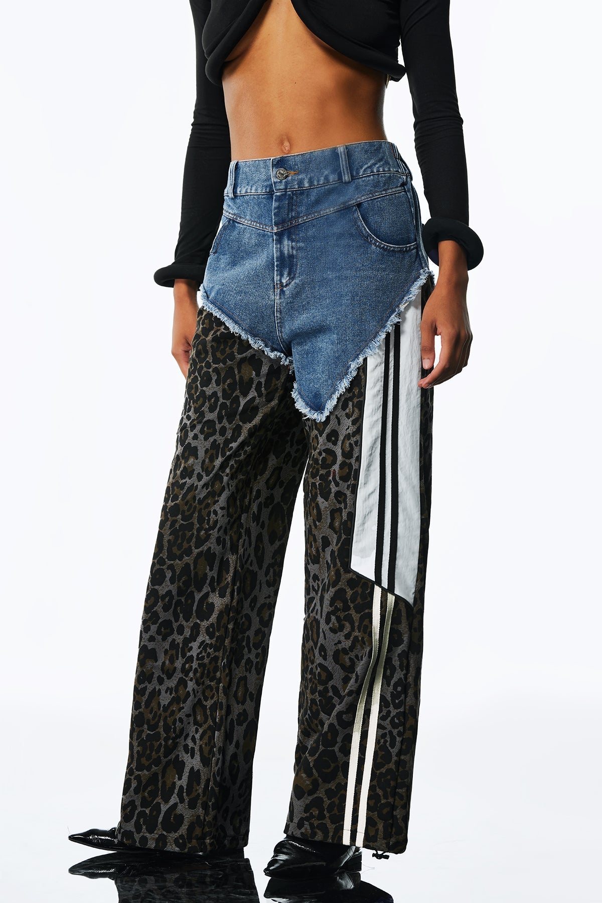 ASYMMETRIC LEOPARD PANTS IN BLUE DECONSTRUCT STYLE