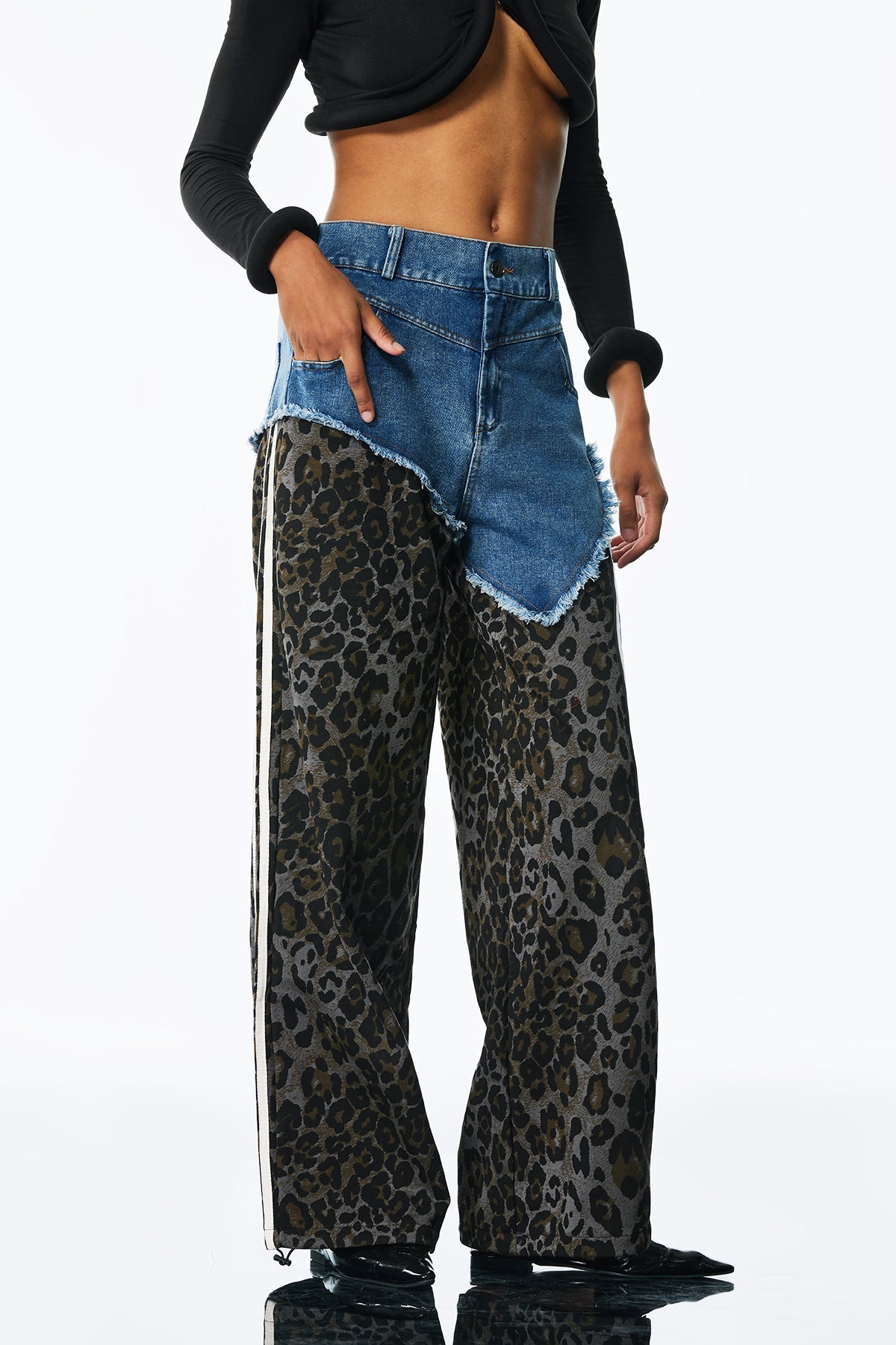ASYMMETRIC LEOPARD PANTS IN BLUE DECONSTRUCT STYLE