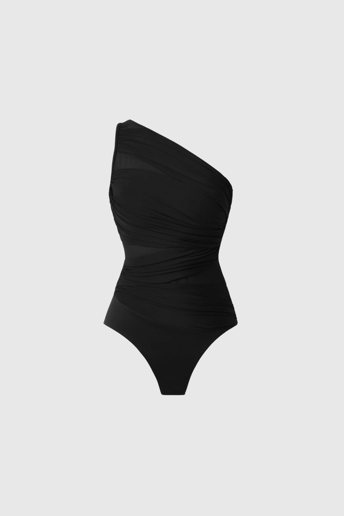 MAMIE SINGLE SHOULDER MESH RUCH ONE-PIECE BLACK
