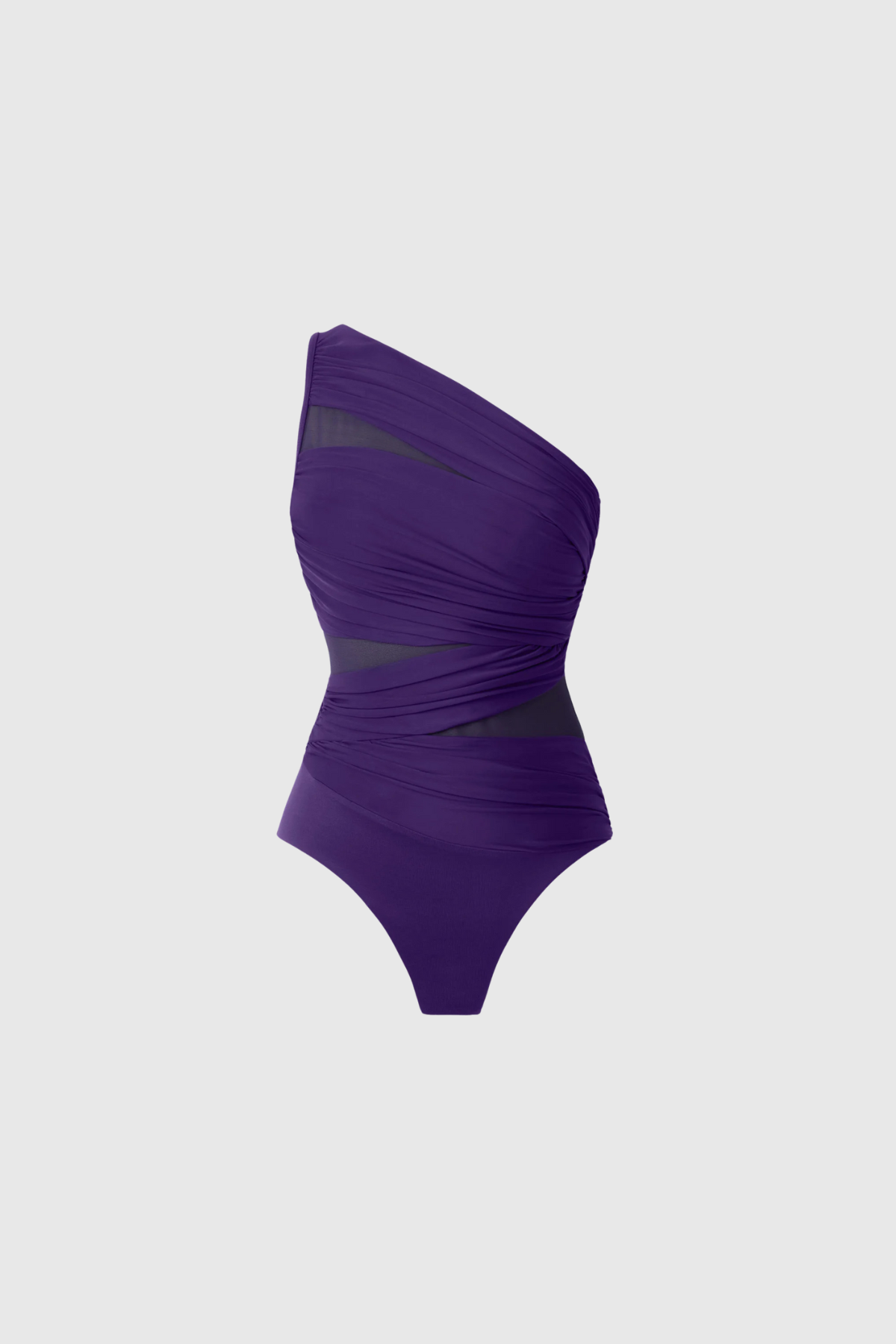 MAMIE SINGLE SHOULDER MESH RUCH PURPLE SWIMSUIT