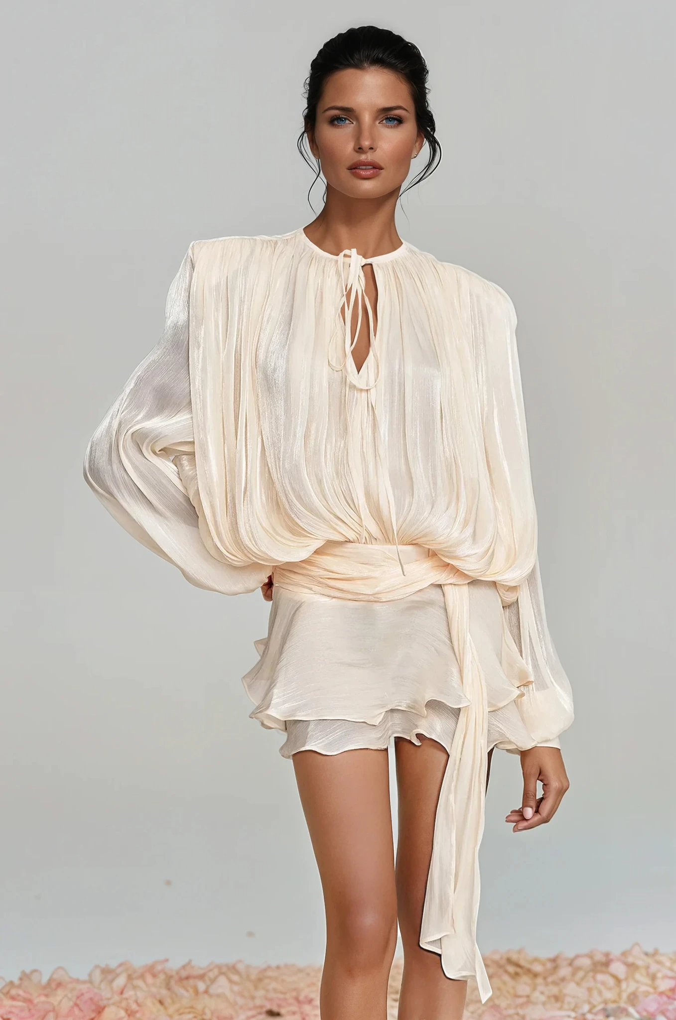 BALLOON SLEEVE RUCHED MINI DRESS IN APRICOT