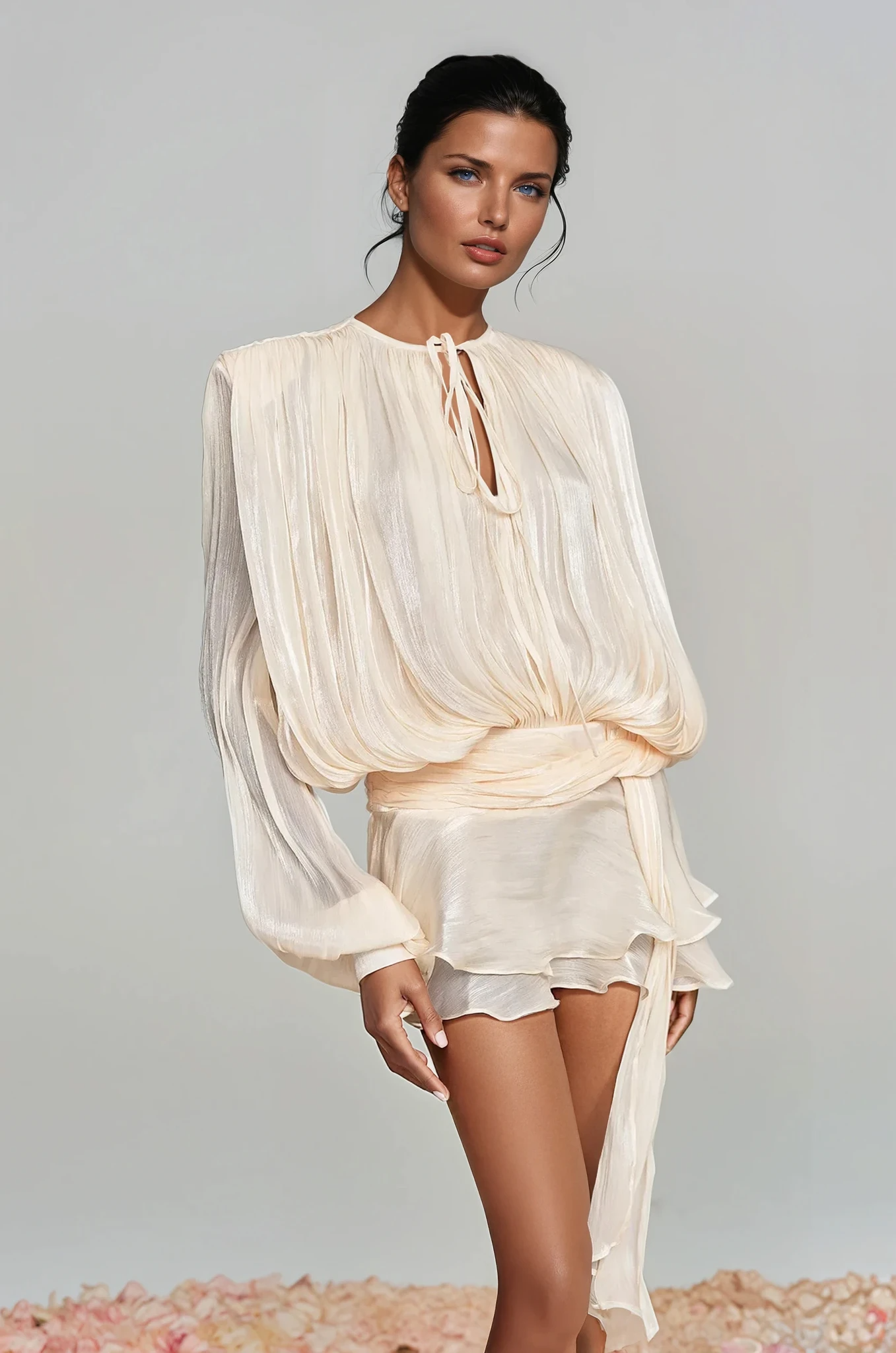 BALLOON SLEEVE RUCHED MINI DRESS IN APRICOT