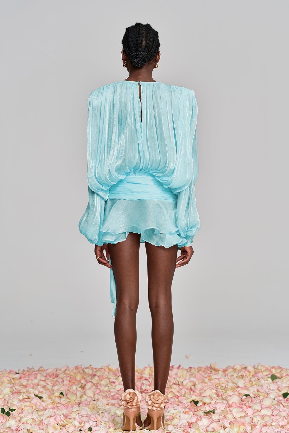 HERMOSA BALLOON SLEEVE RUCHED MINI DRESS IN BABY BLUE