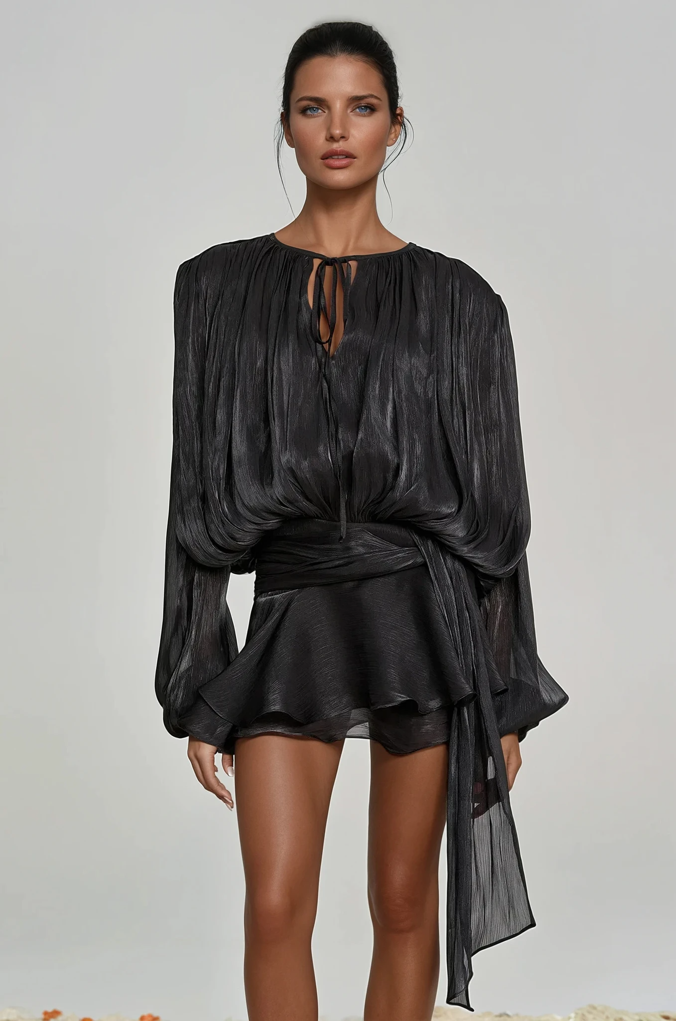 STUNNING BALLOON SLEEVE RUCHED MINI DRESS BLACK
