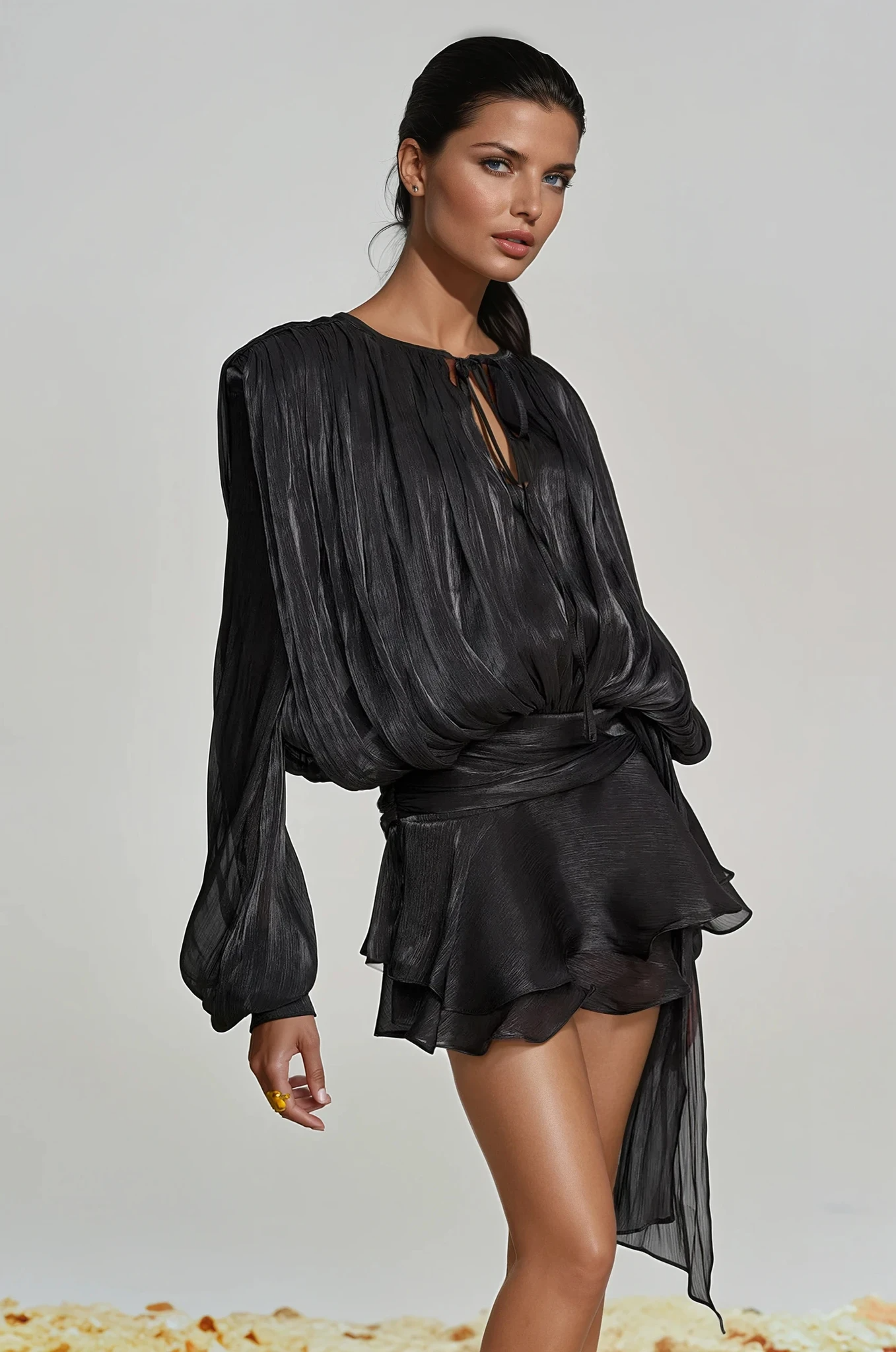 STUNNING BALLOON SLEEVE RUCHED MINI DRESS BLACK