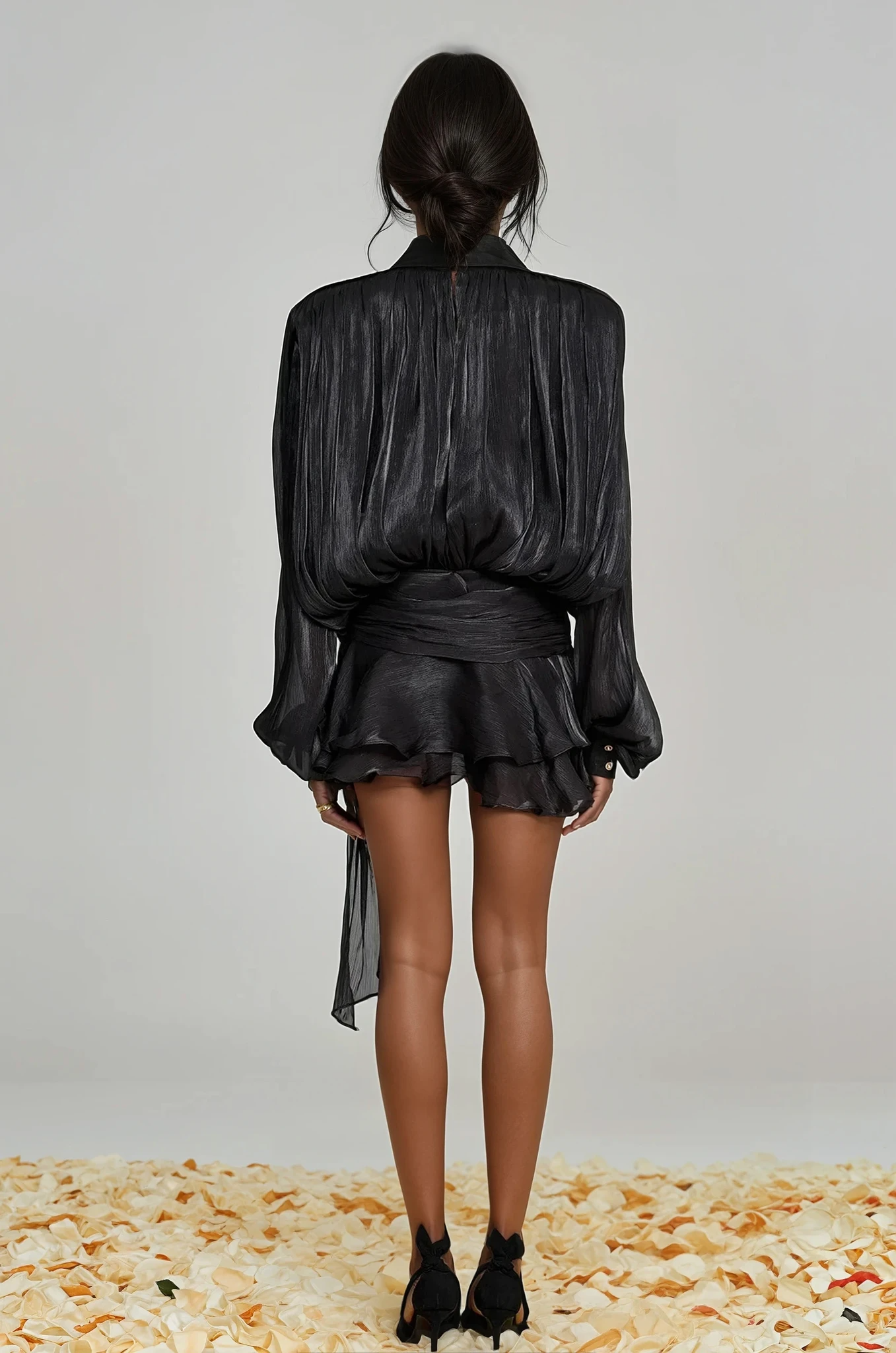 STUNNING BALLOON SLEEVE RUCHED MINI DRESS BLACK