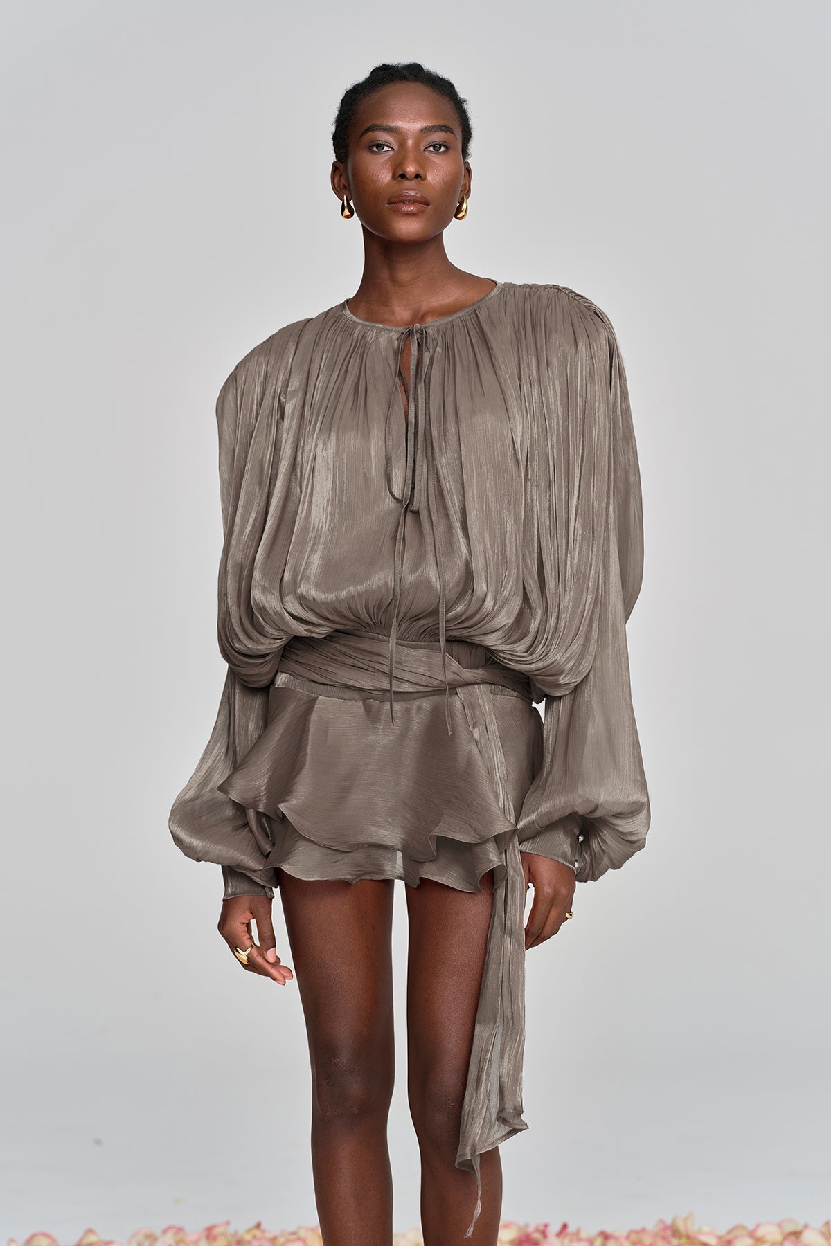 HERMOSA BALLOON SLEEVE RUCHED MINI DRESS, BROWN