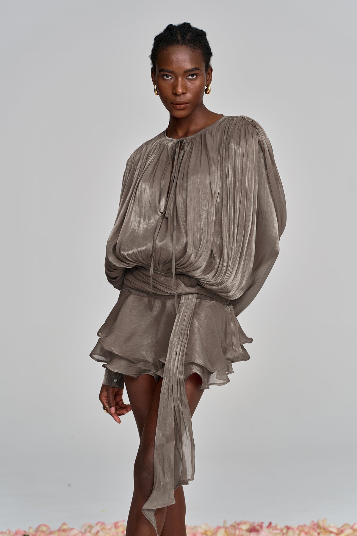HERMOSA BALLOON SLEEVE RUCHED MINI DRESS, BROWN