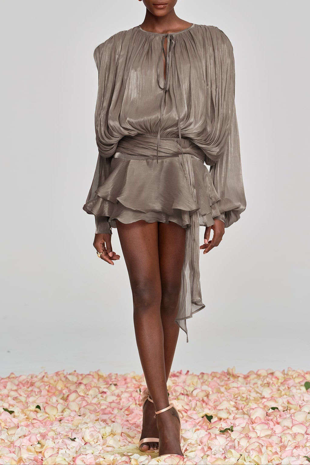 HERMOSA BALLOON SLEEVE RUCHED MINI DRESS, BROWN