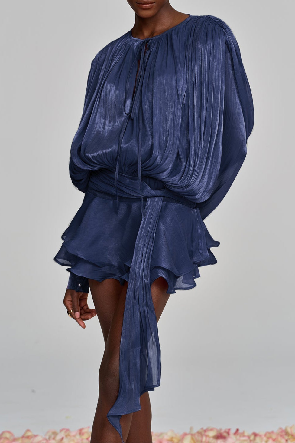 BALLOON SLEEVE RUCHED MINI DRESS IN DEEP BLUE