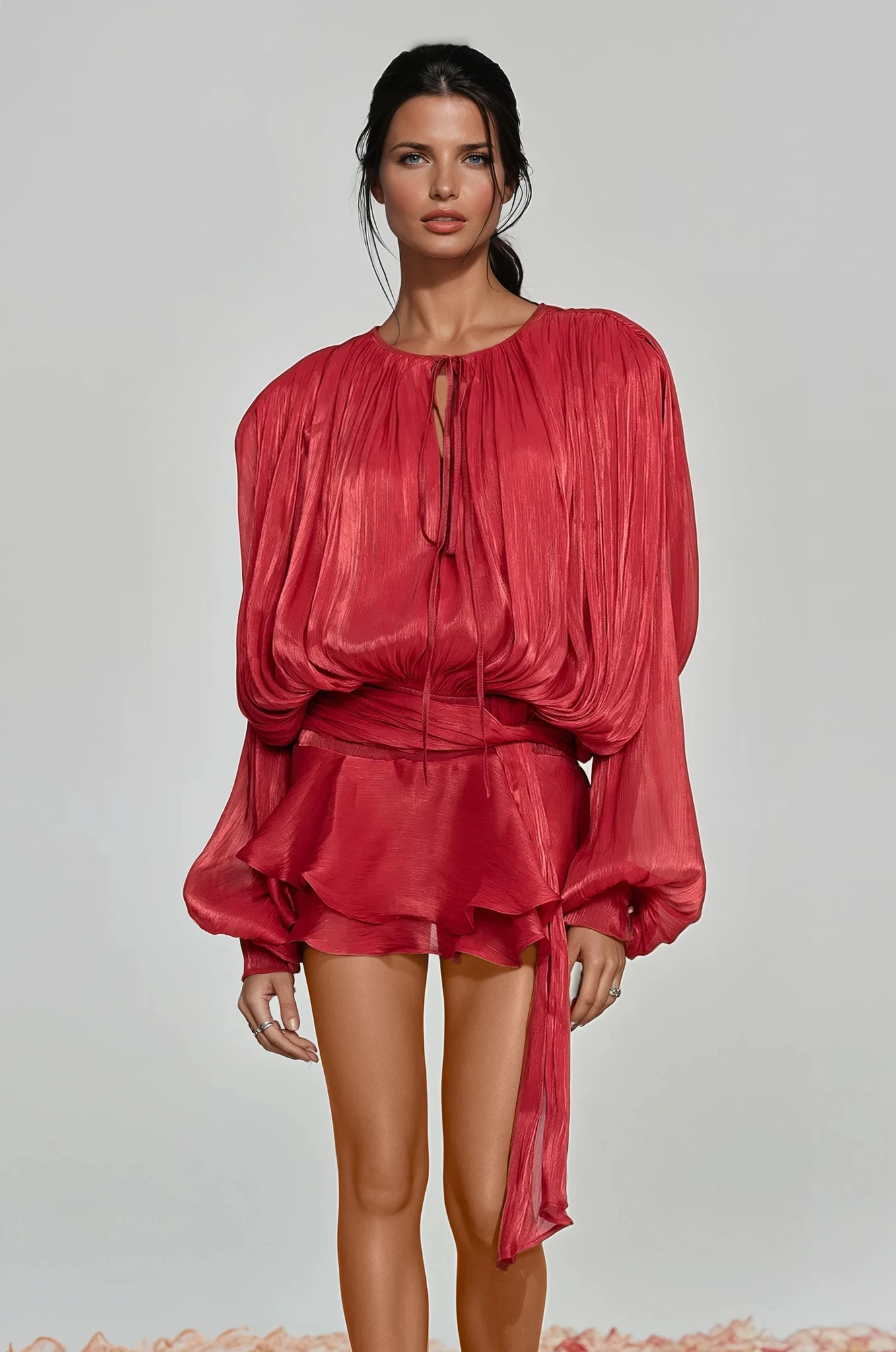 HERMOSA RED BALLOON SLEEVE RUFFLE MINI DRESS