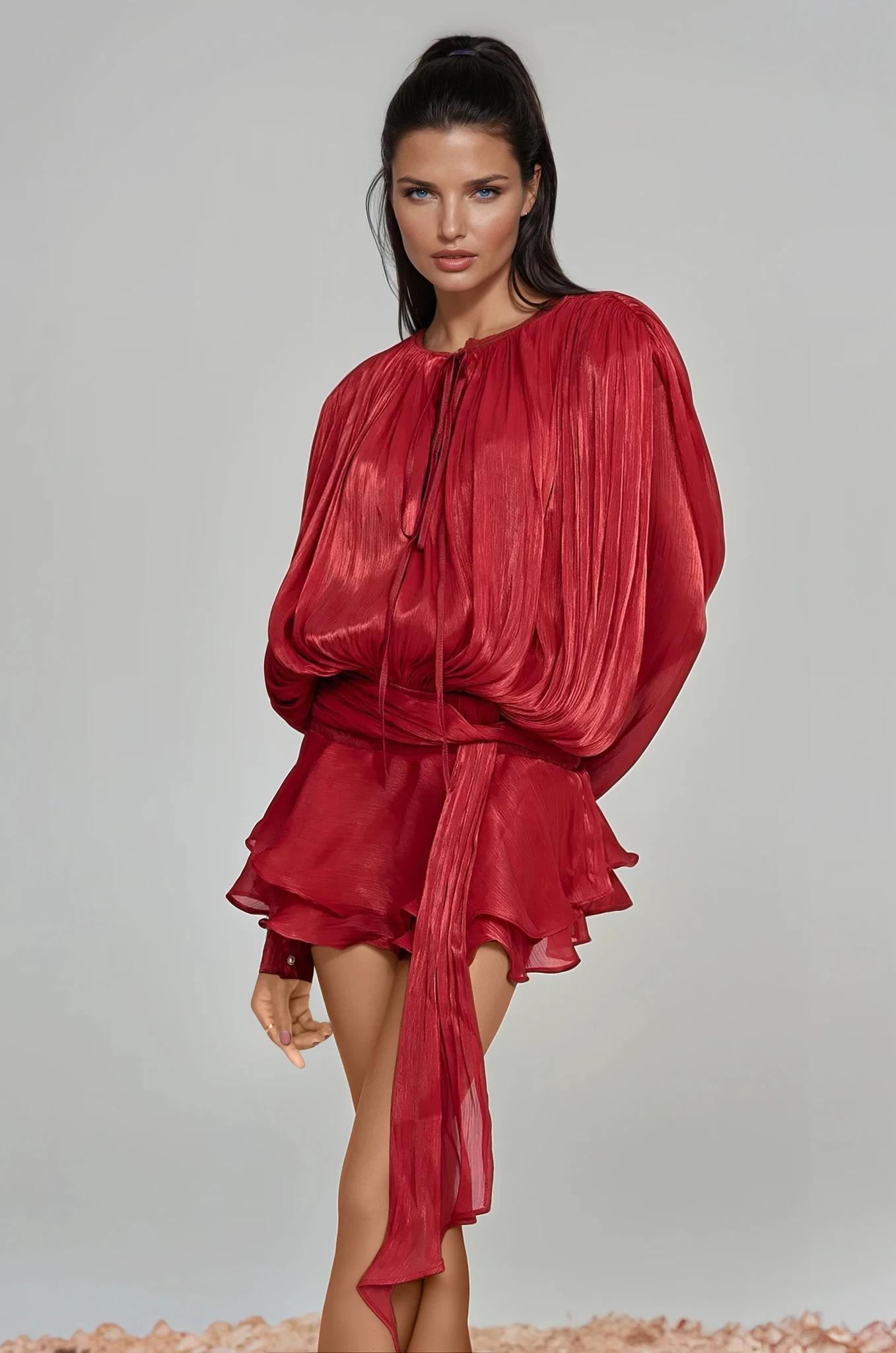 HERMOSA RED BALLOON SLEEVE RUFFLE MINI DRESS