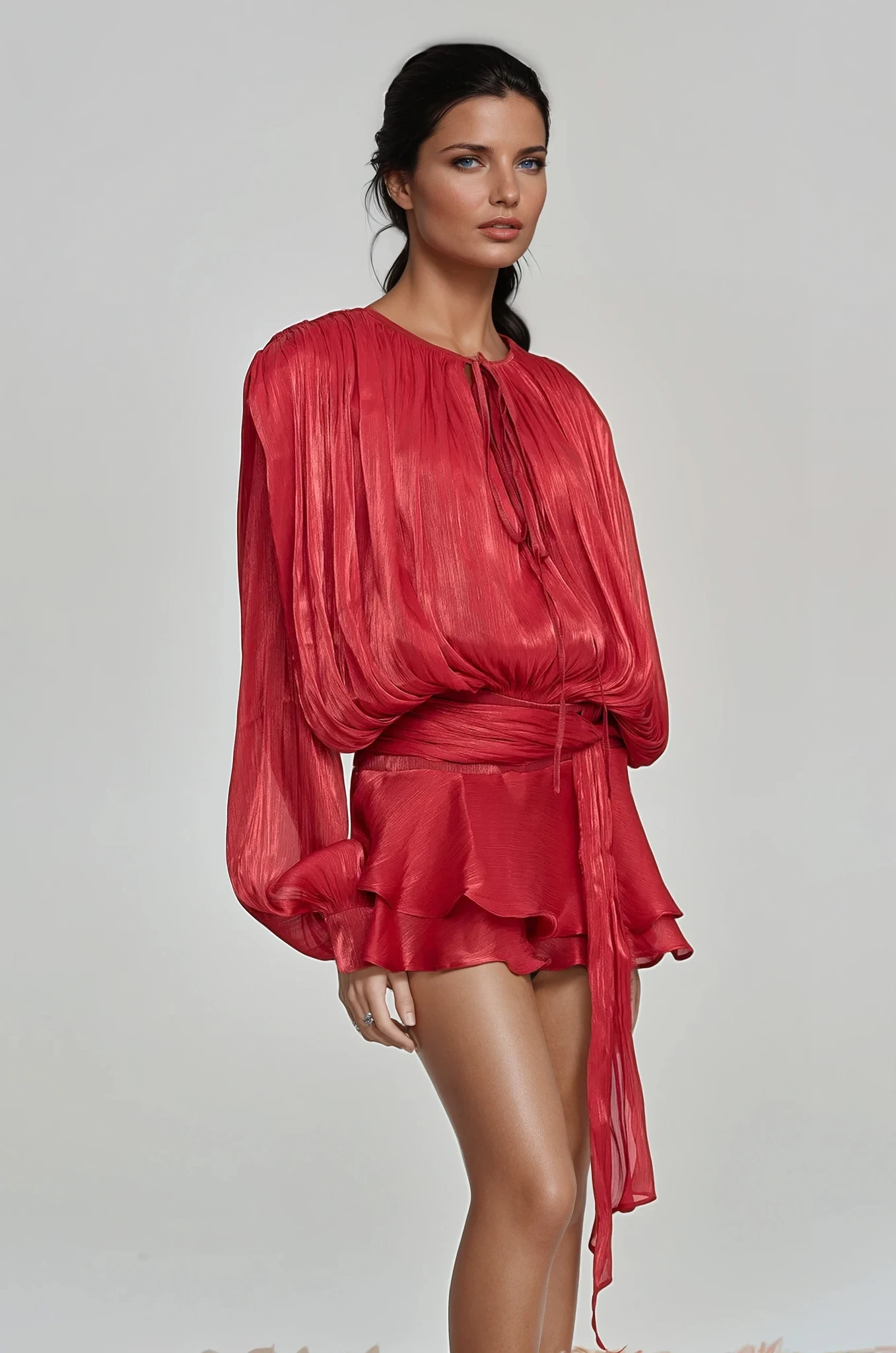 HERMOSA RED BALLOON SLEEVE RUFFLE MINI DRESS