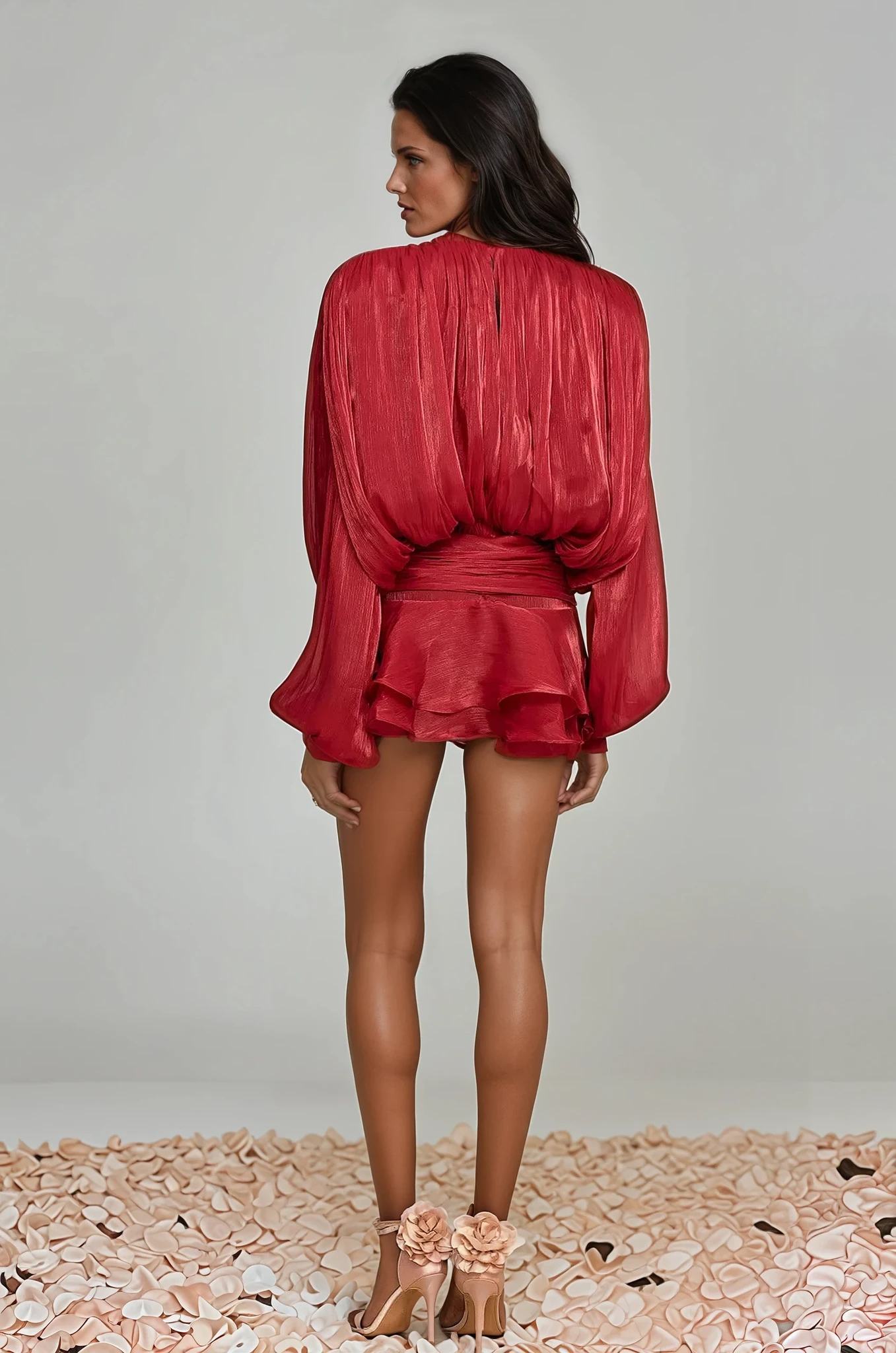 HERMOSA RED BALLOON SLEEVE RUFFLE MINI DRESS
