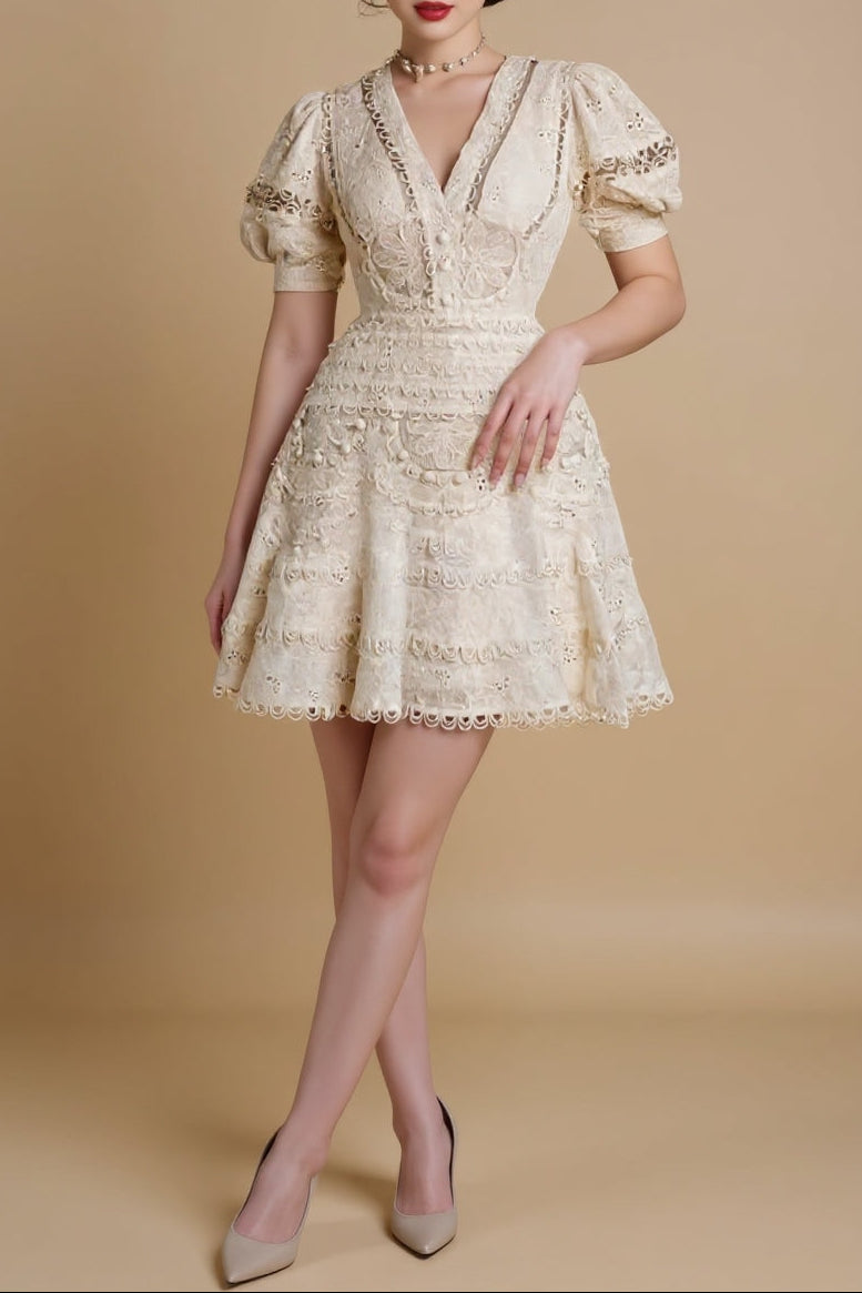 EMBROIDERED V-NECK MINI DRESS BEIGE