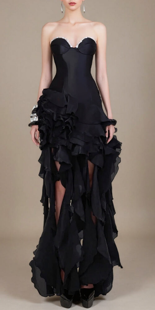 sabrina Ruffle Crystal strapless midi dress in black sabrina Ruffle Crystal strapless midi dress in black