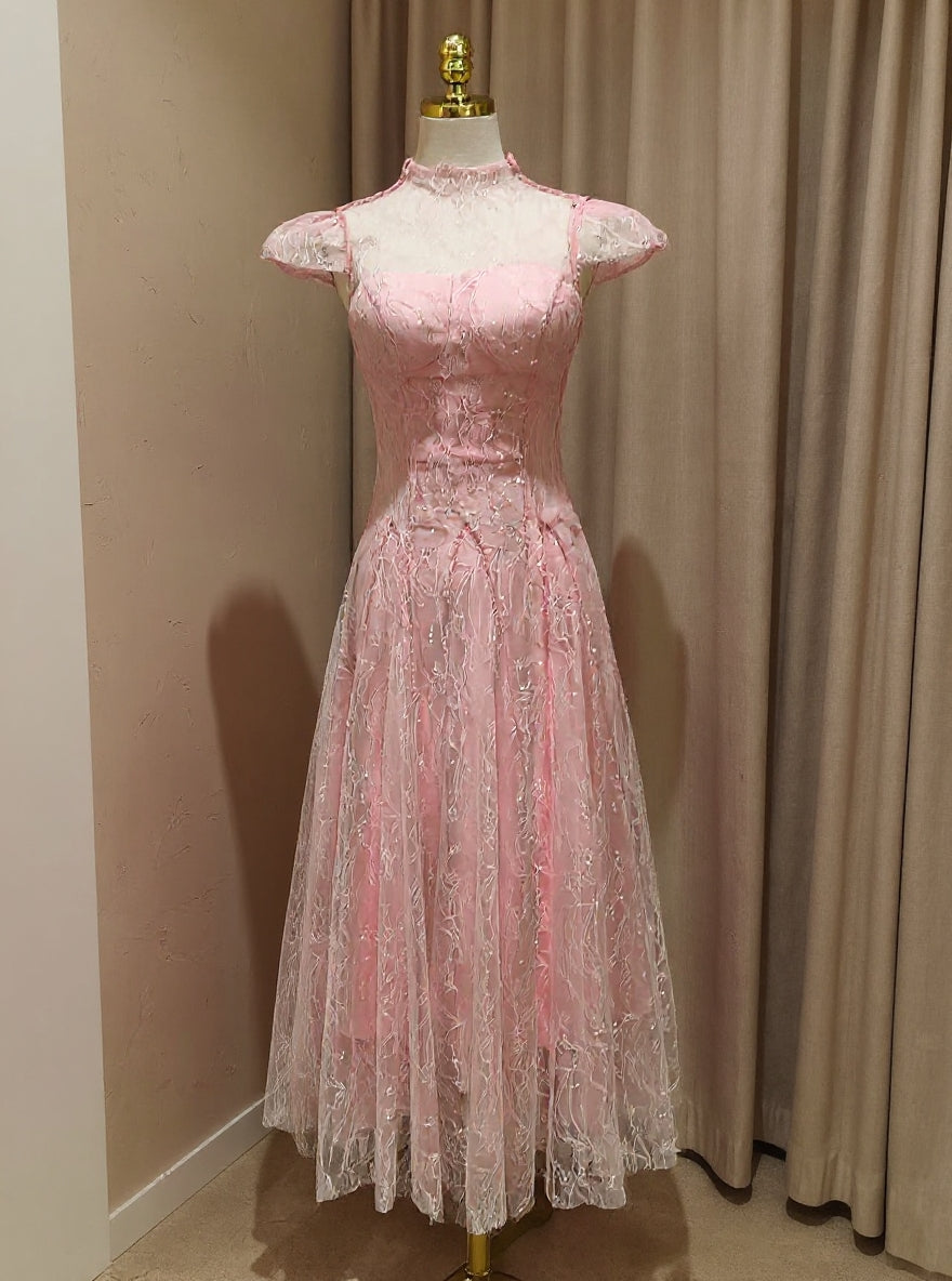 LACE SEQUIN A-LINE MIDI DRESS FOR PARTY