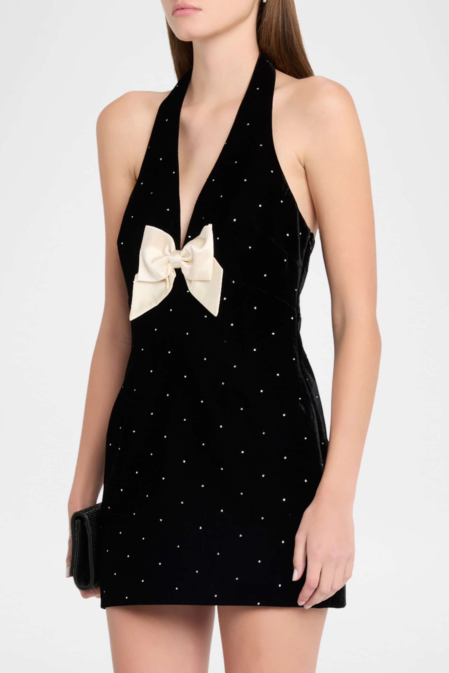 ANAIS VELVET HALTER BOW MINI DRESS