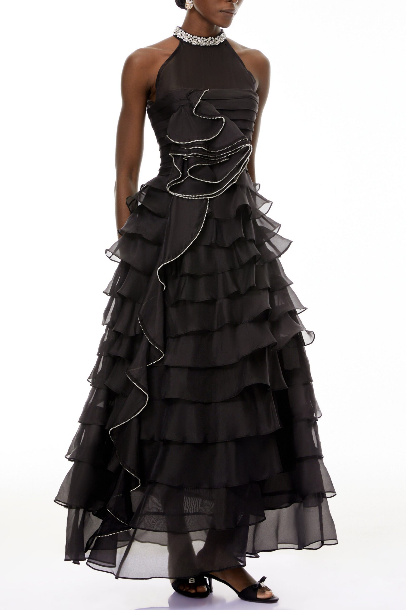 RHINESTONE PETAL RUFFLE MAXI DRESS FOR WEDDING