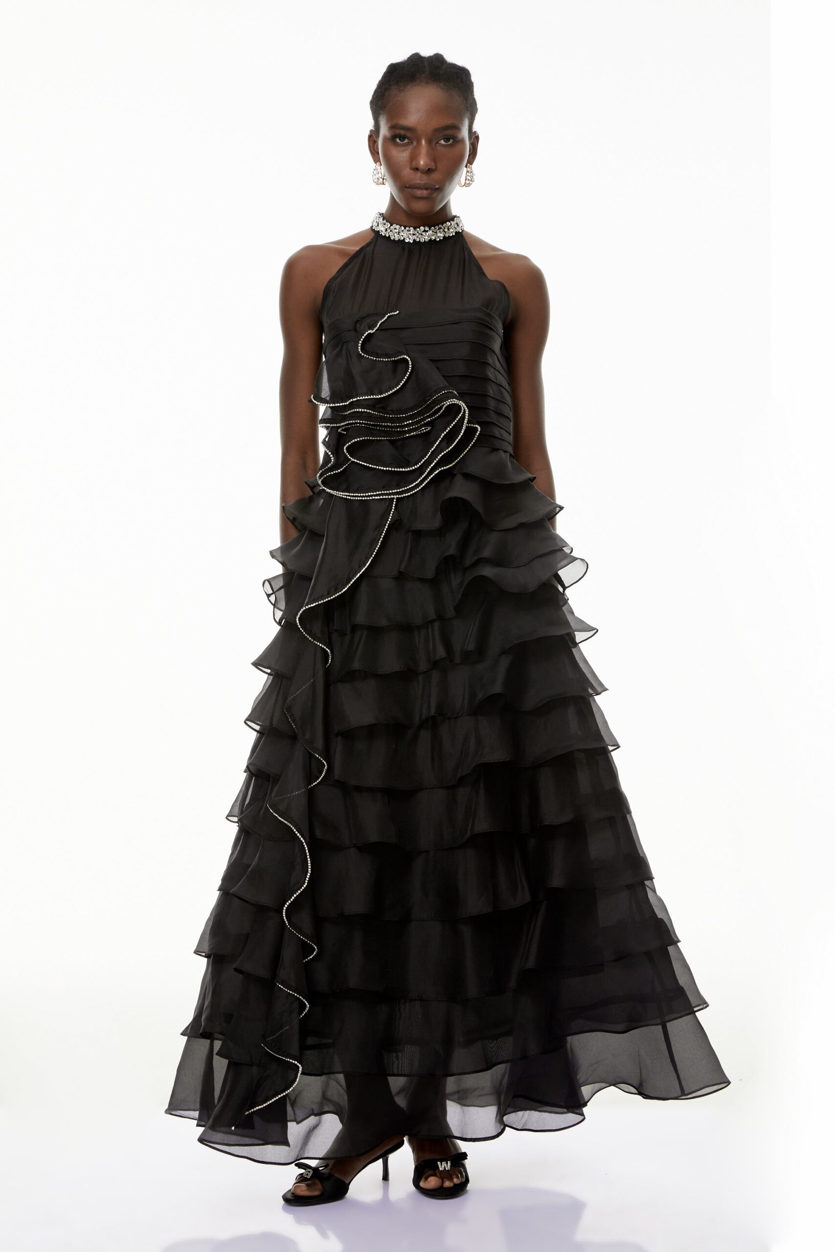 RHINESTONE PETAL RUFFLE MAXI DRESS FOR WEDDING
