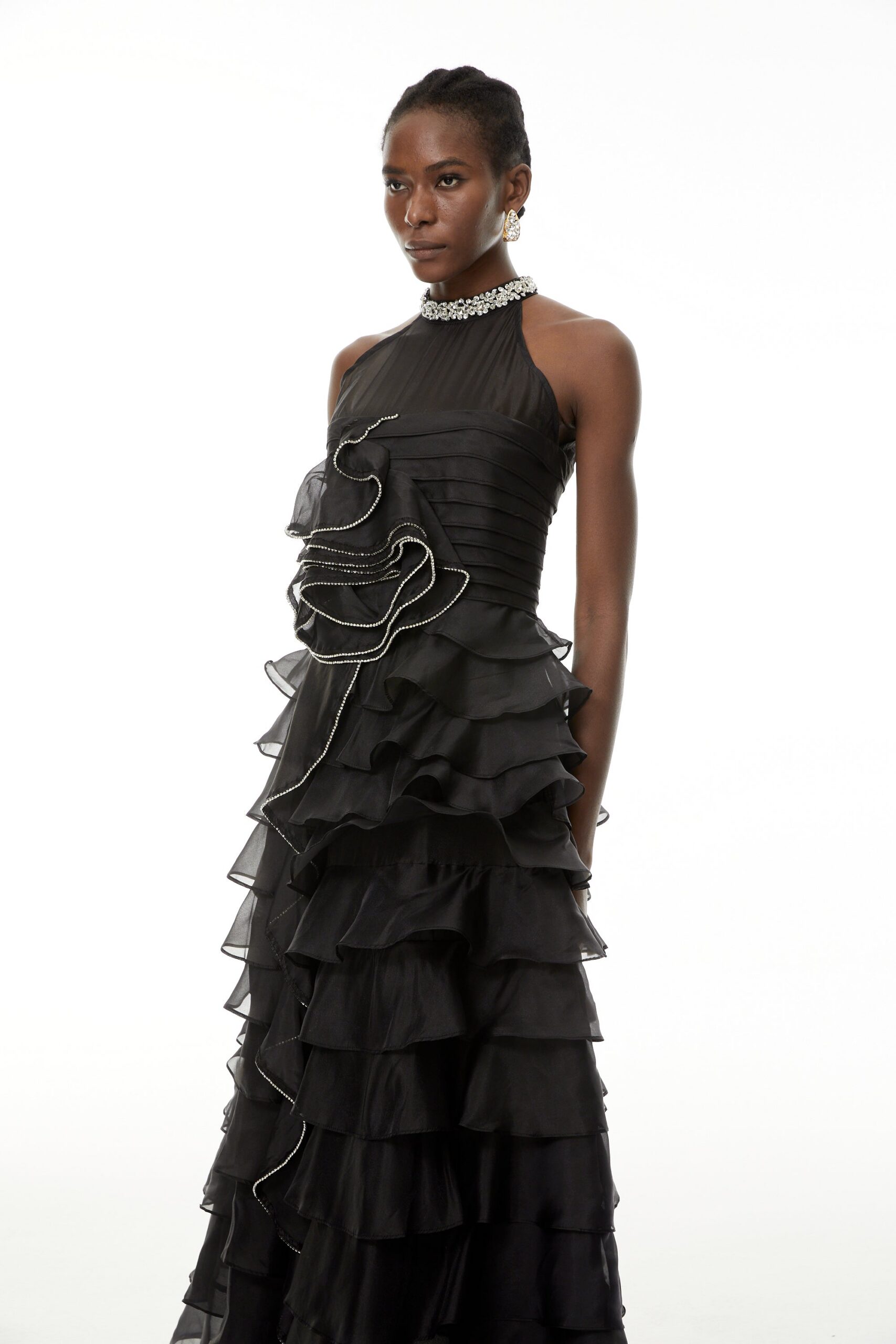 RHINESTONE PETAL RUFFLE MAXI DRESS FOR WEDDING