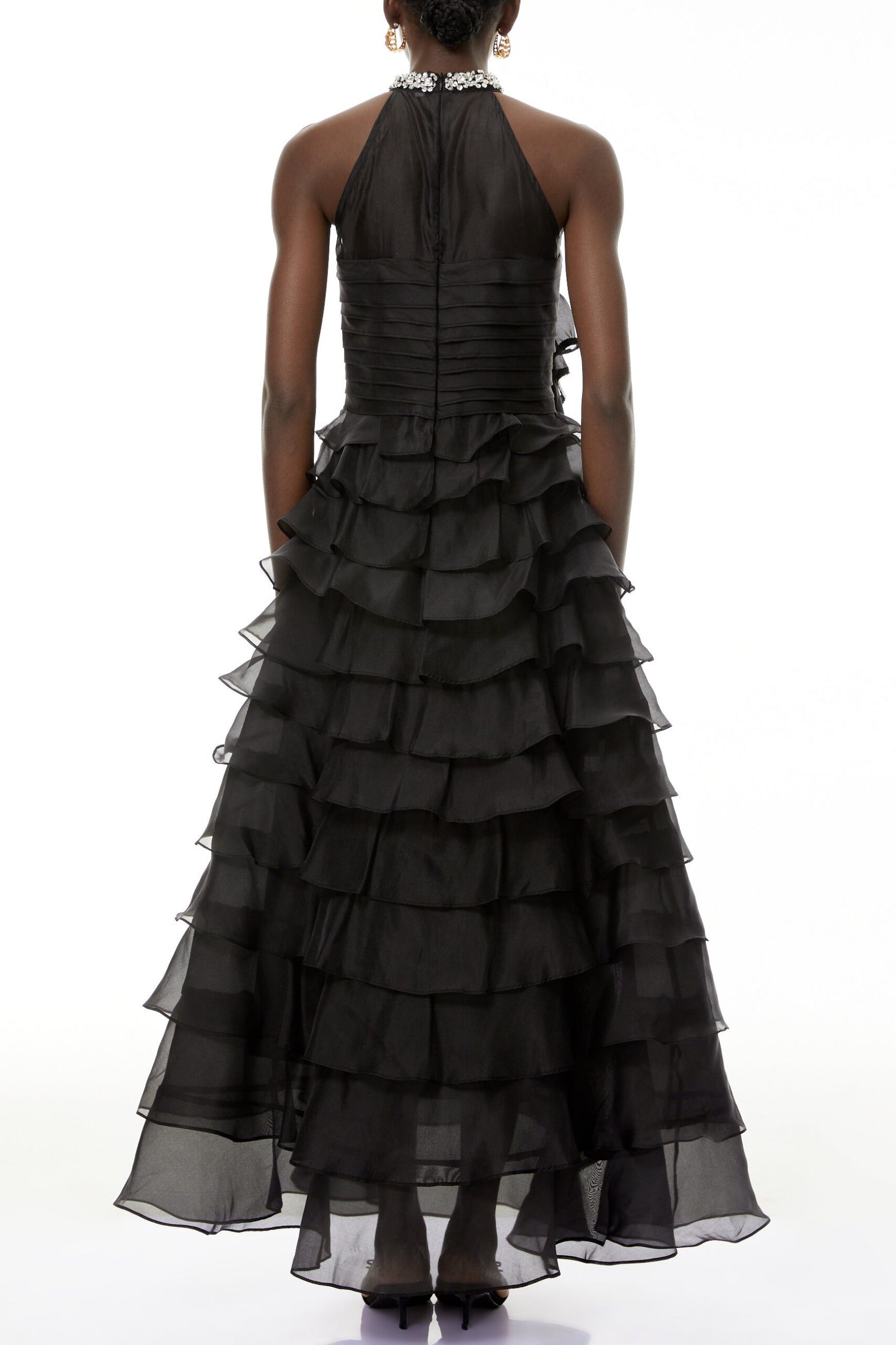RHINESTONE PETAL RUFFLE MAXI DRESS FOR WEDDING