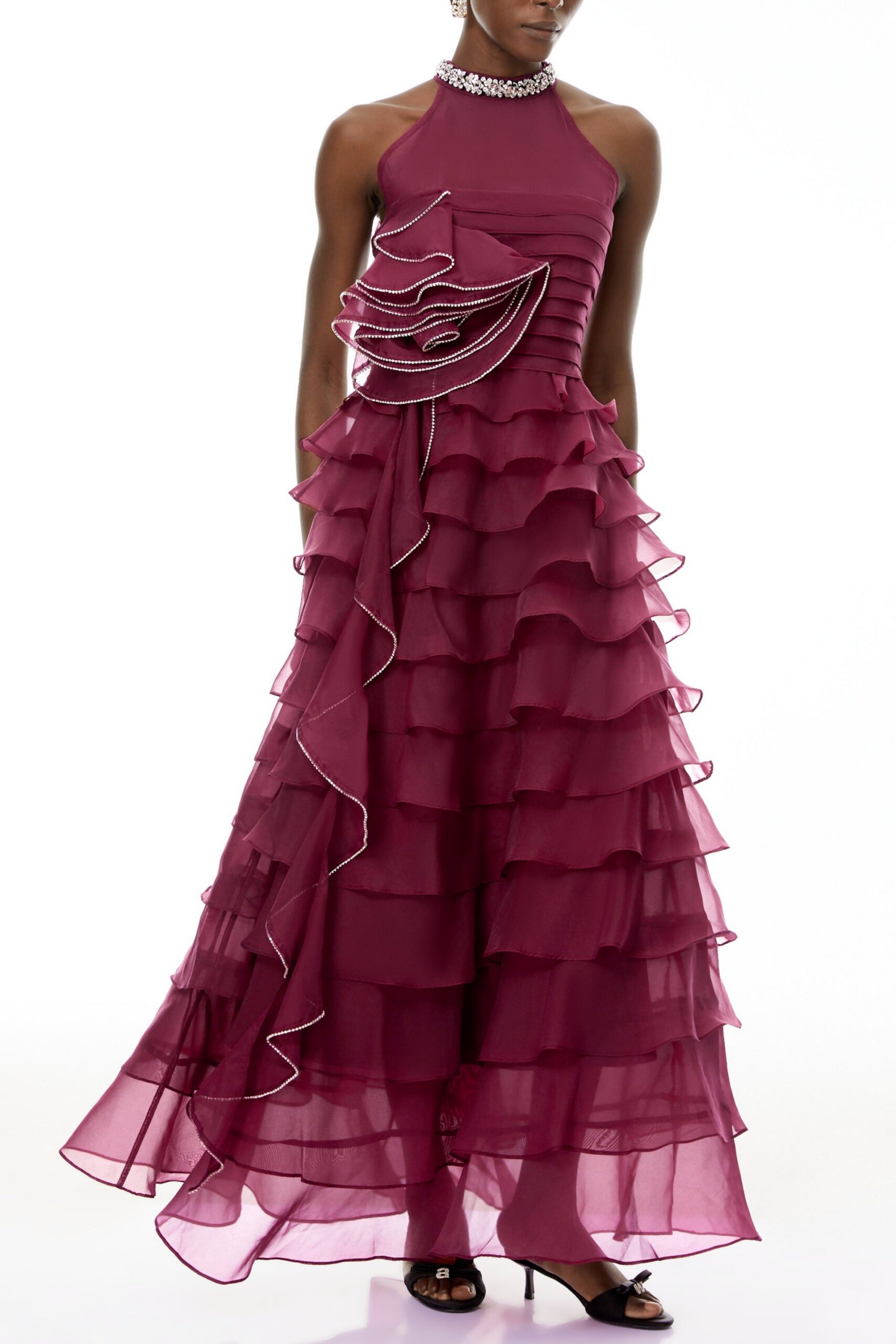 RED PETAL RUFFLE RHINESTONE MAXI DRESS, EVENING