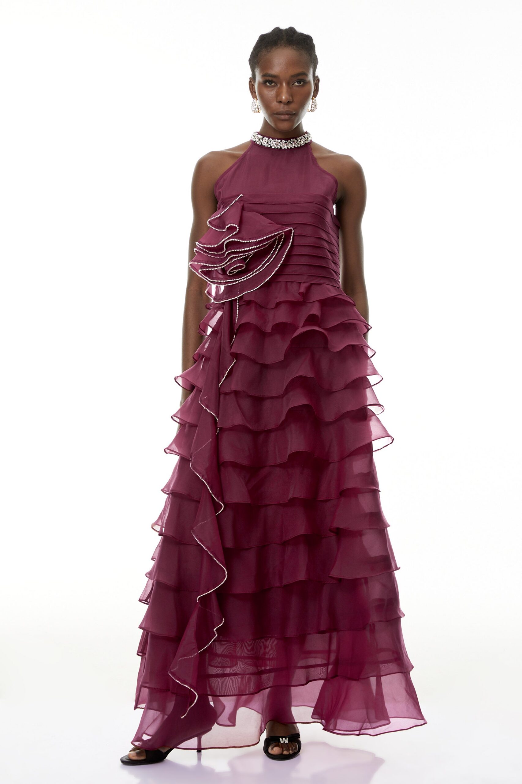 RED PETAL RUFFLE RHINESTONE MAXI DRESS, EVENING