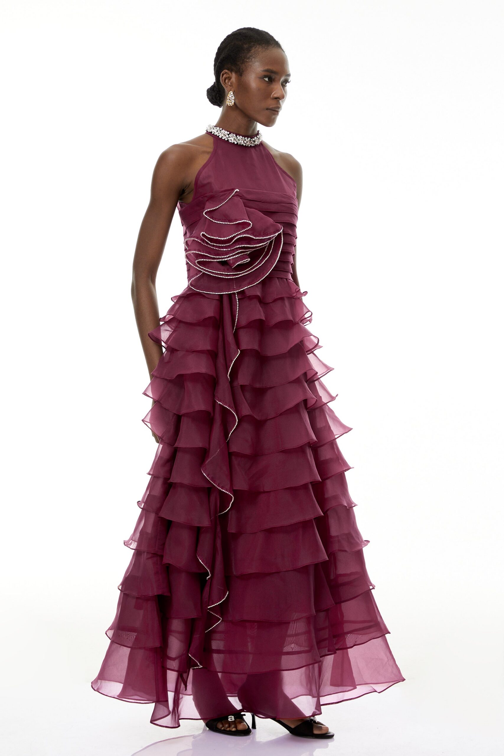 RED PETAL RUFFLE RHINESTONE MAXI DRESS, EVENING