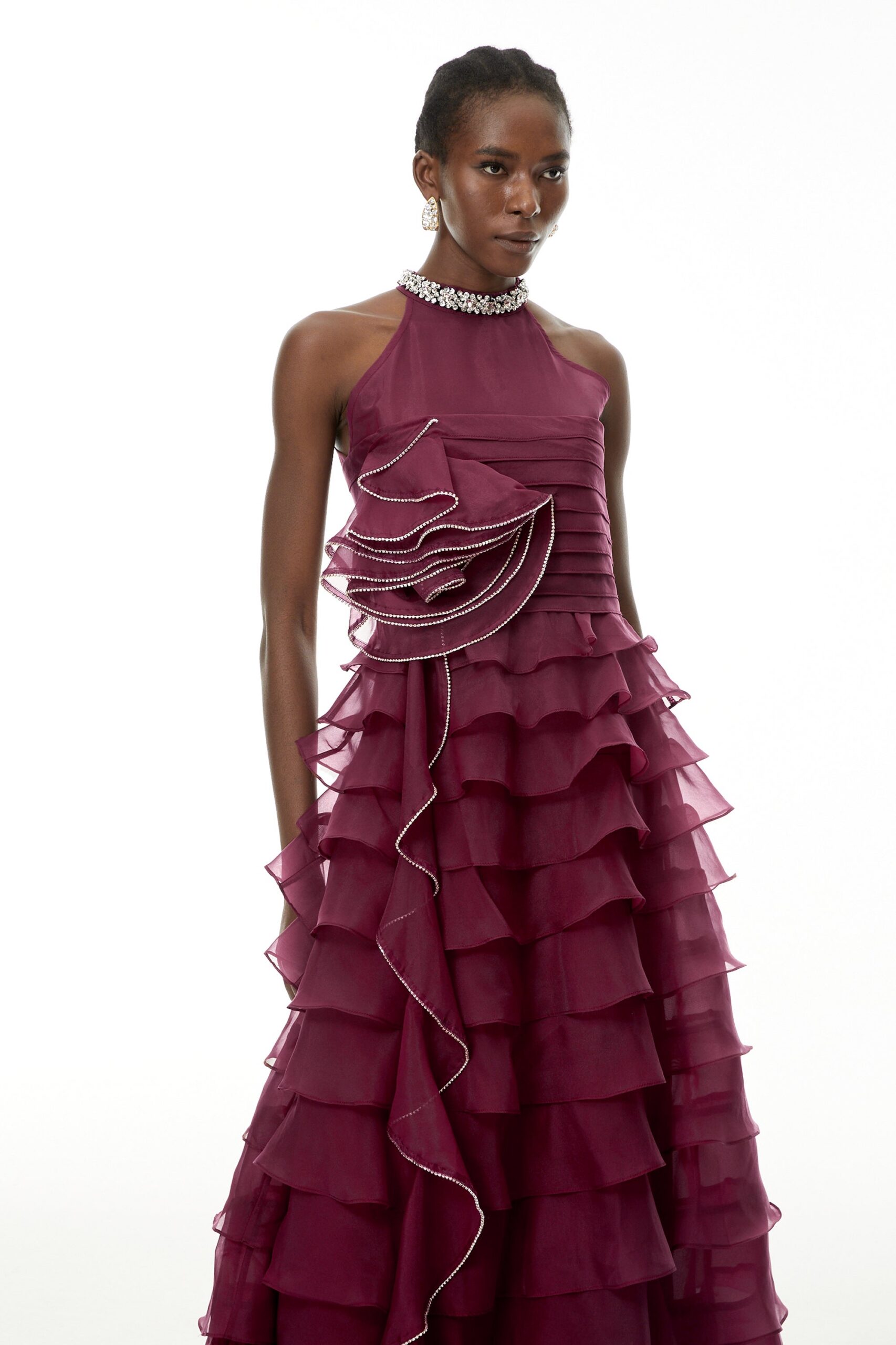 RED PETAL RUFFLE RHINESTONE MAXI DRESS, EVENING