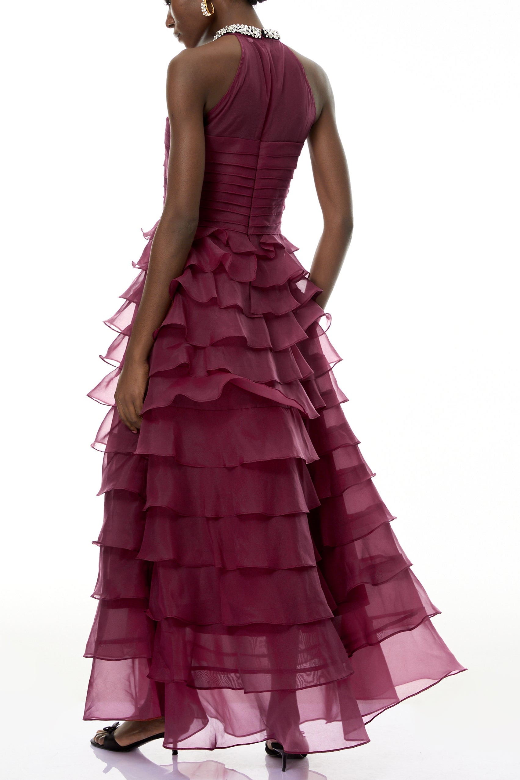 RED PETAL RUFFLE RHINESTONE MAXI DRESS, EVENING