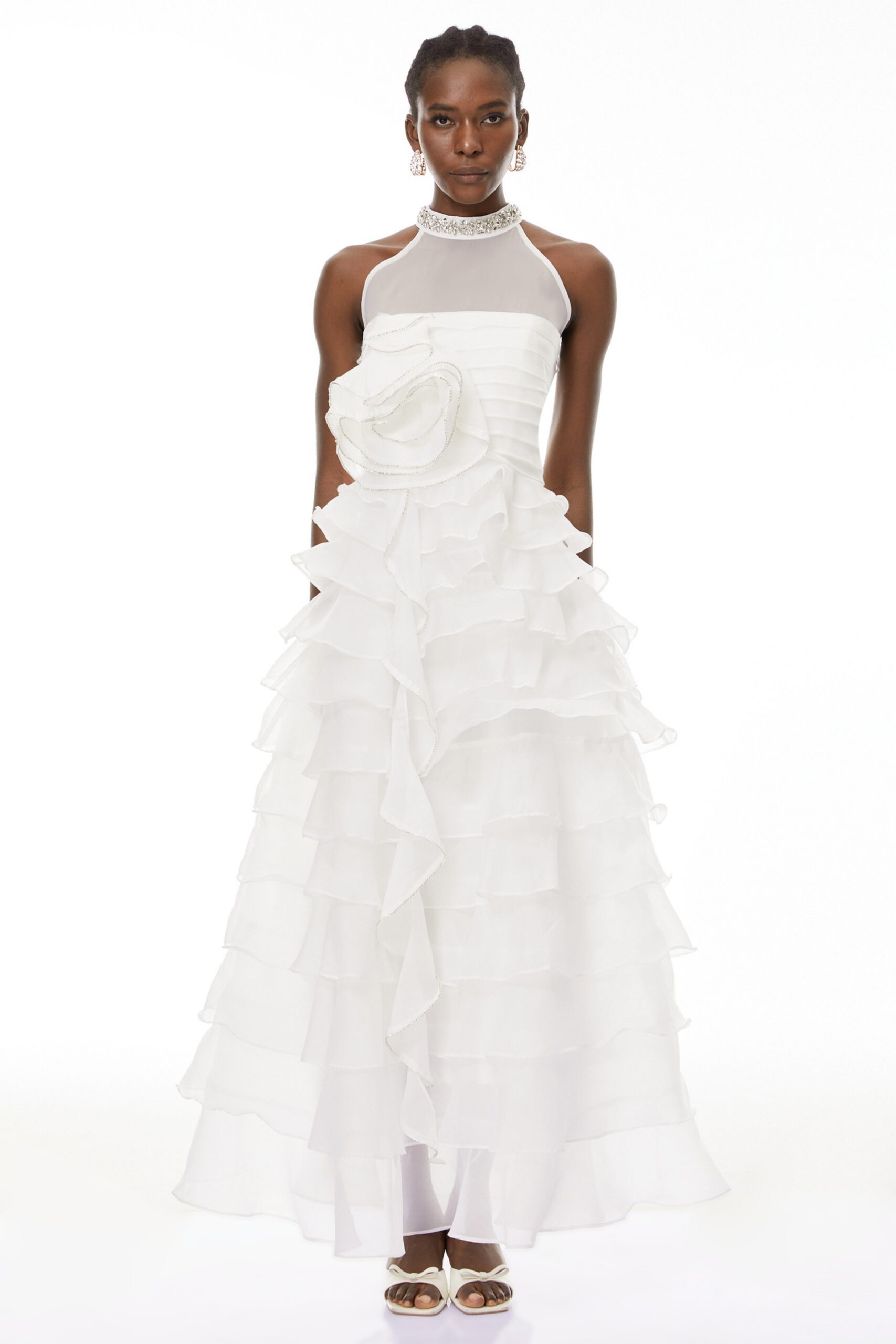 SAMANTHA WHITE 3D PETAL RUFFLE RHINESTONE MAXI DRESS