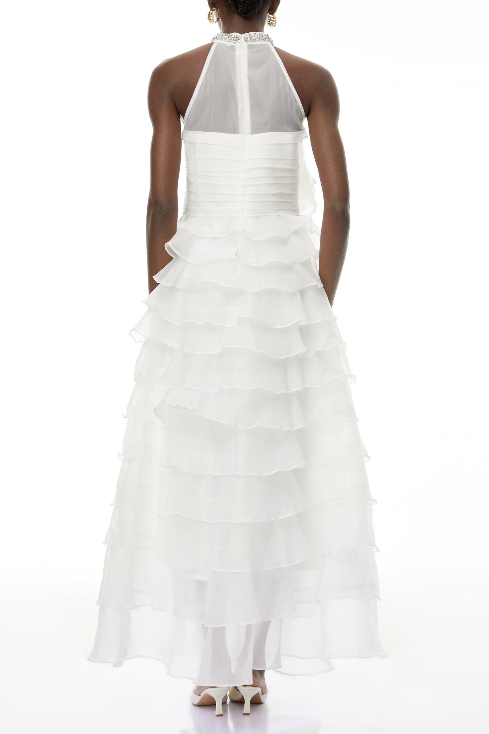 SAMANTHA WHITE 3D PETAL RUFFLE RHINESTONE MAXI DRESS