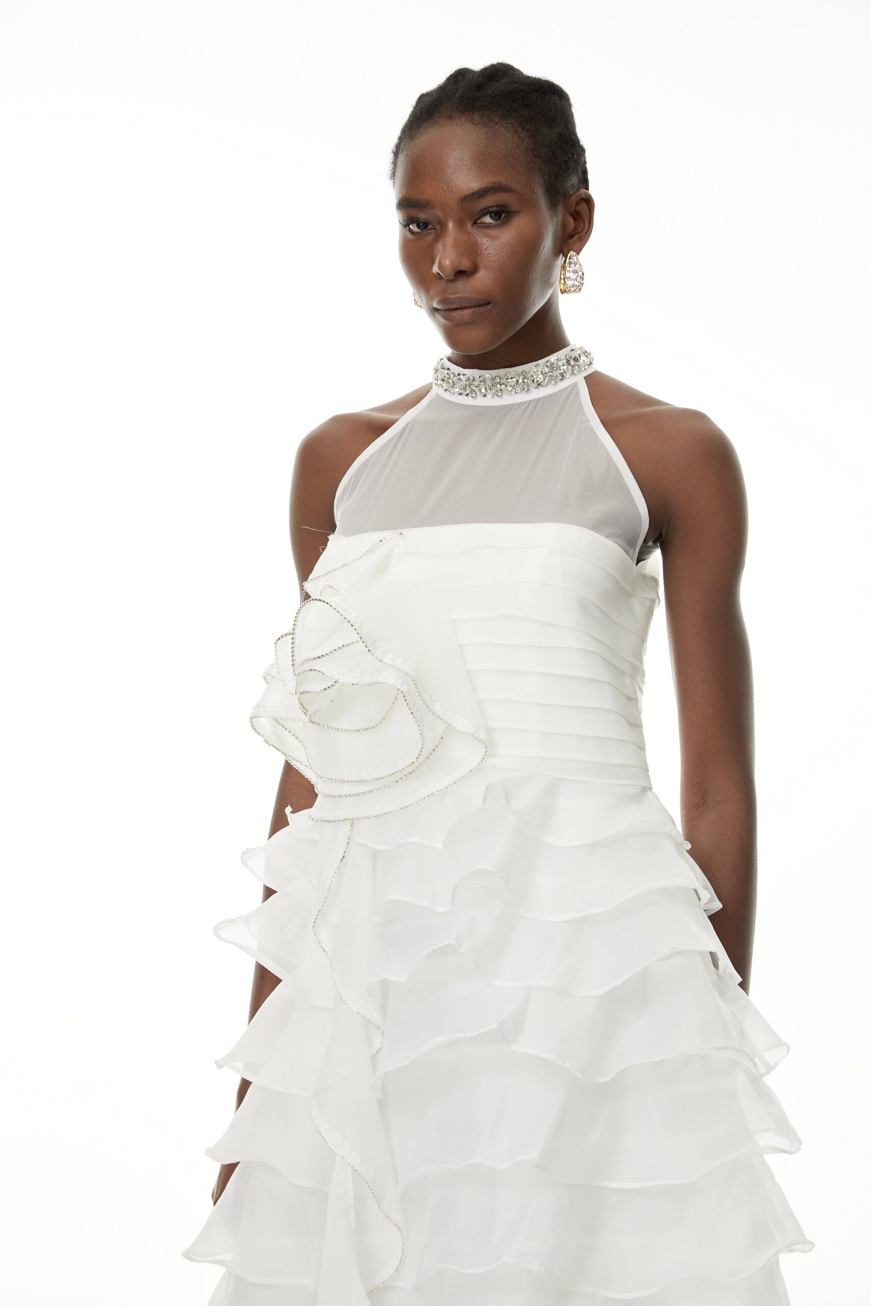SAMANTHA WHITE 3D PETAL RUFFLE RHINESTONE MAXI DRESS