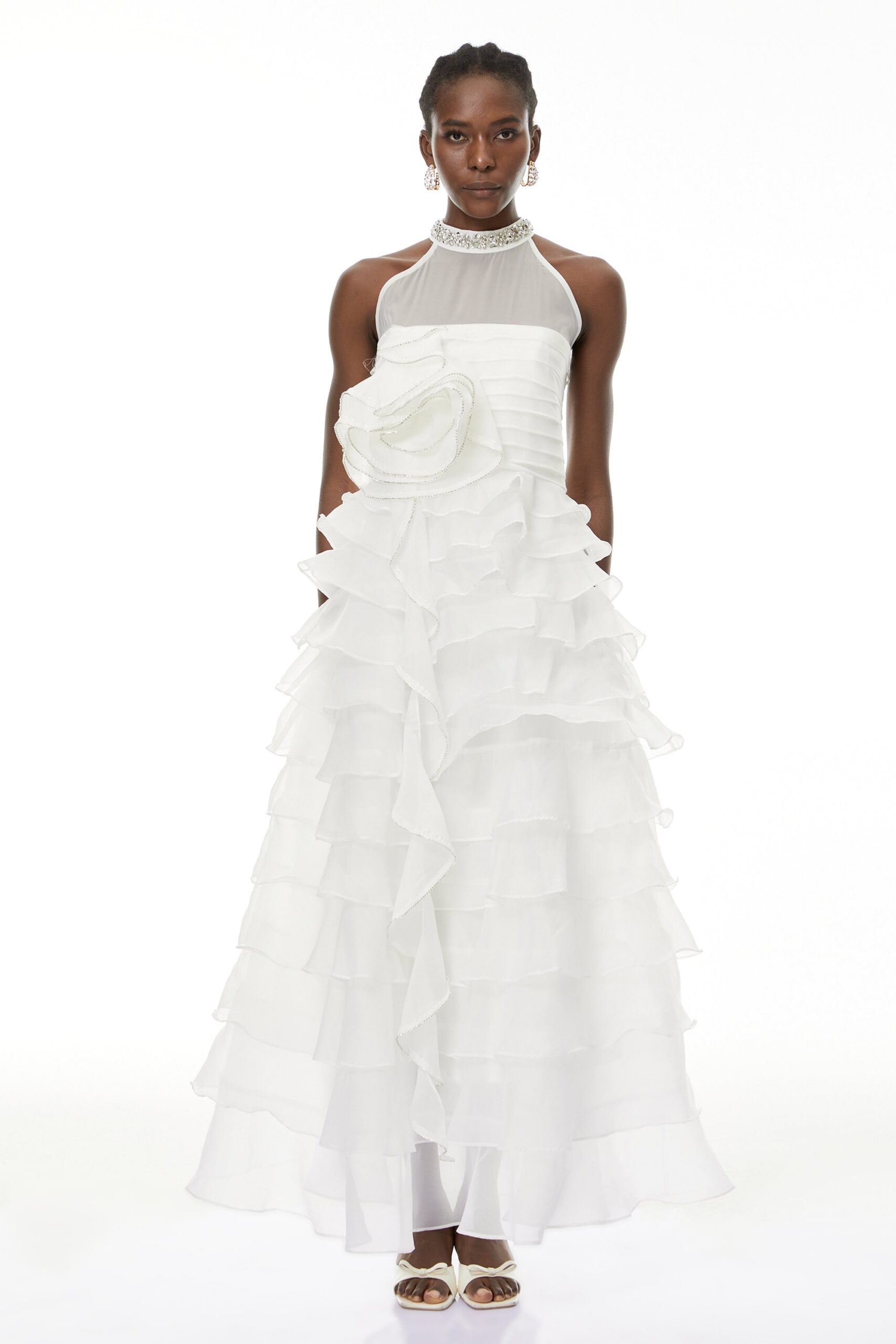 SAMANTHA WHITE 3D PETAL RUFFLE RHINESTONE MAXI DRESS