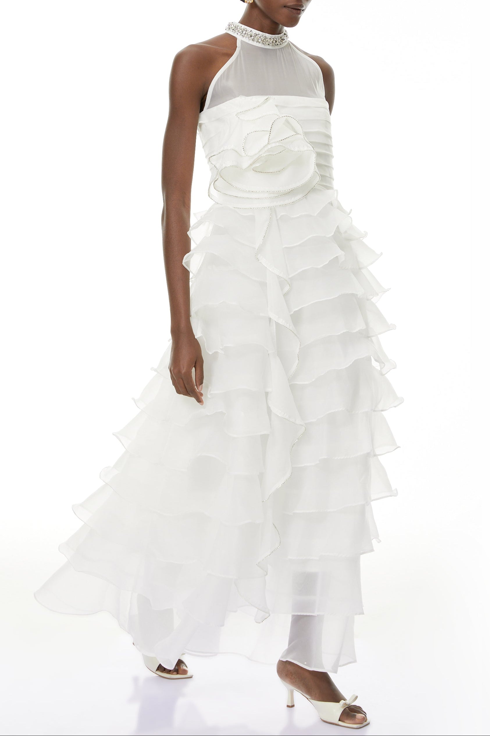 SAMANTHA WHITE 3D PETAL RUFFLE RHINESTONE MAXI DRESS