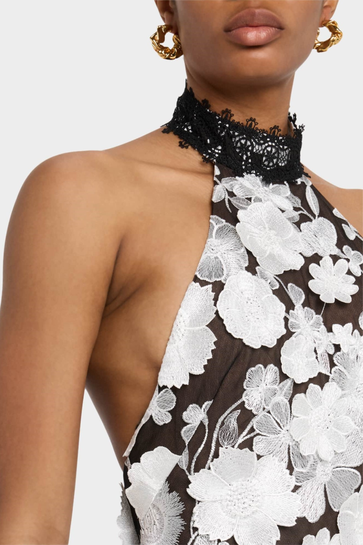 ALYSSA BLACK HALTER FLORAL EMBROIDERED MIDI DRESS