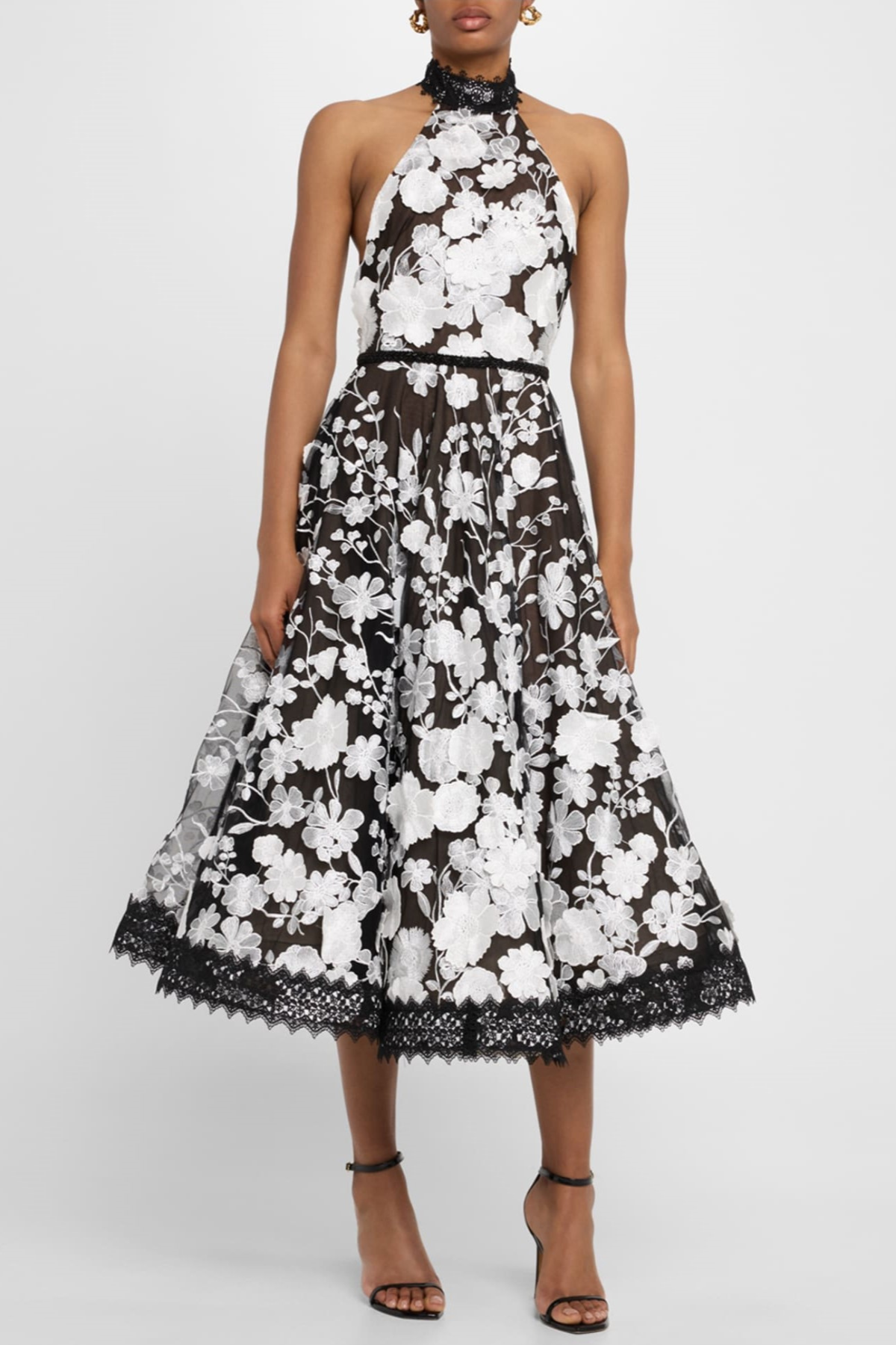 ALYSSA BLACK HALTER FLORAL EMBROIDERED MIDI DRESS