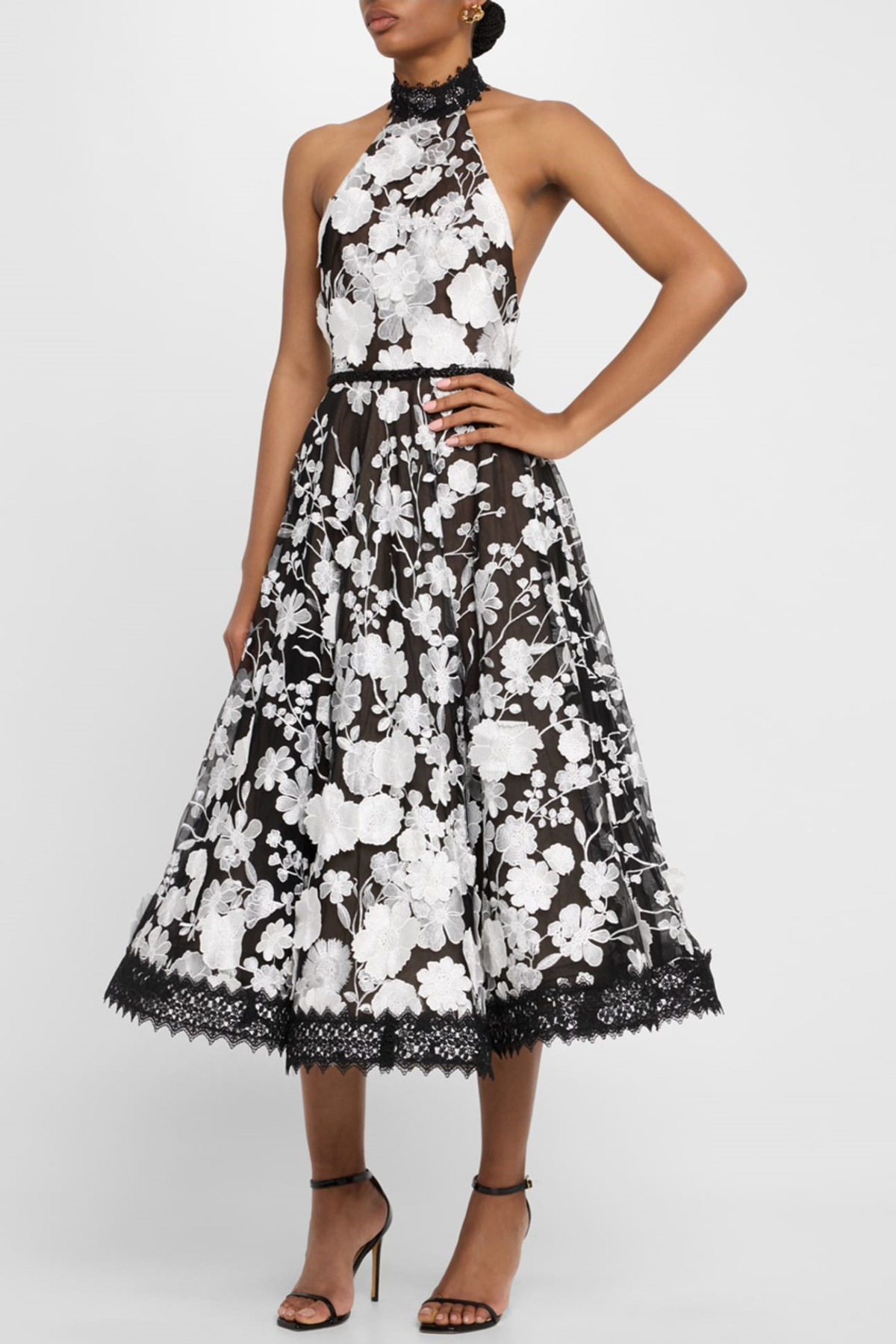 ALYSSA BLACK HALTER FLORAL EMBROIDERED MIDI DRESS