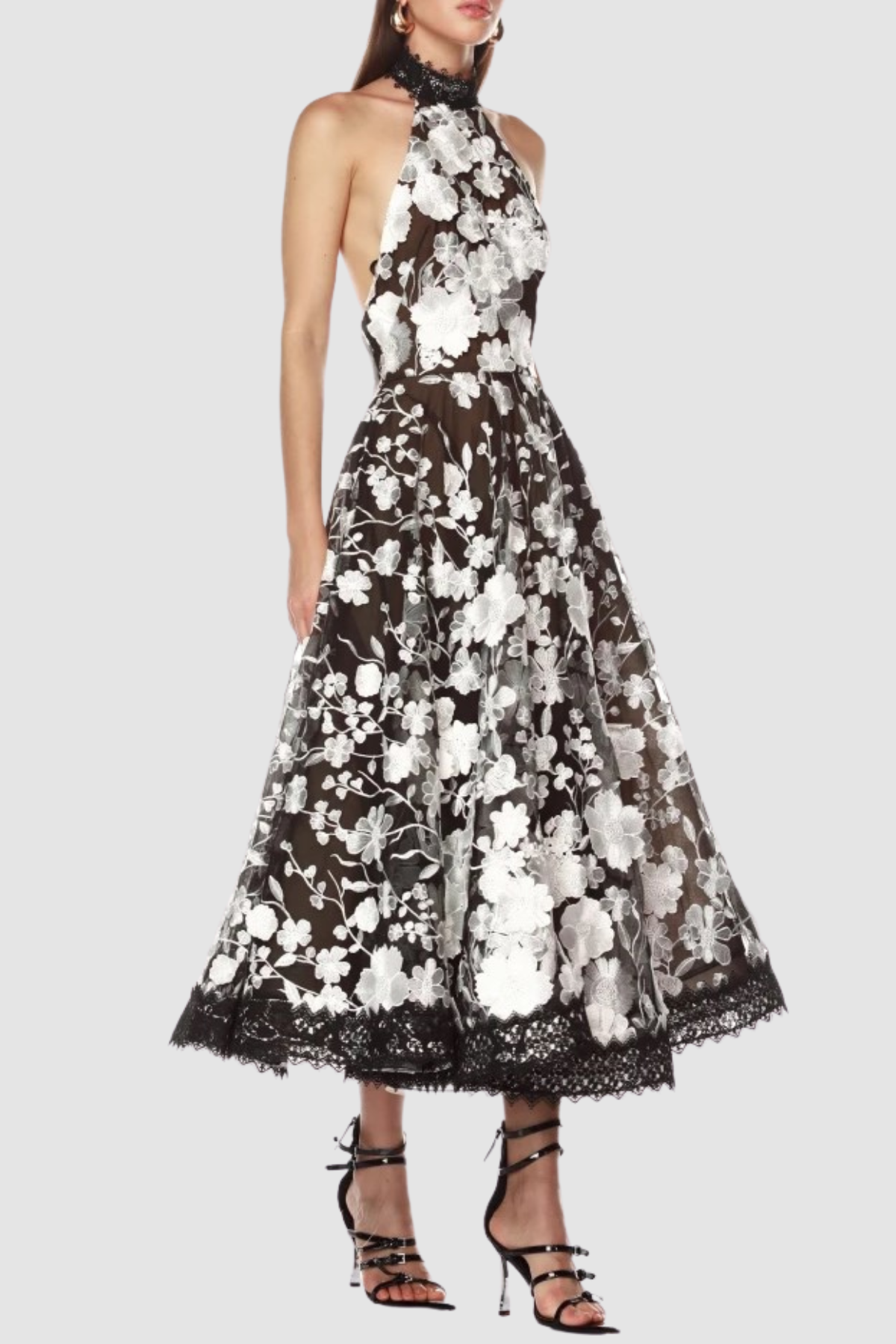 ALYSSA BLACK HALTER FLORAL EMBROIDERED MIDI DRESS