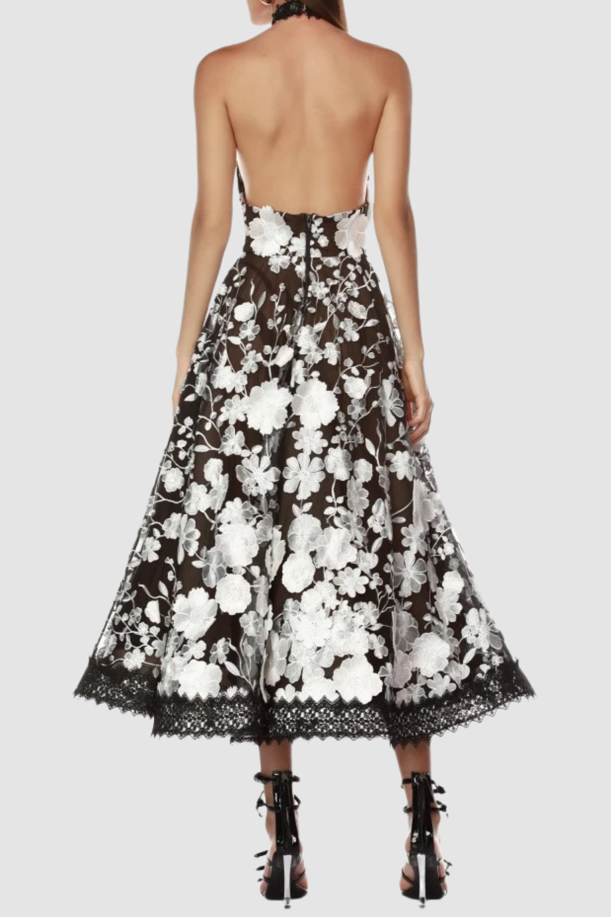 ALYSSA BLACK HALTER FLORAL EMBROIDERED MIDI DRESS