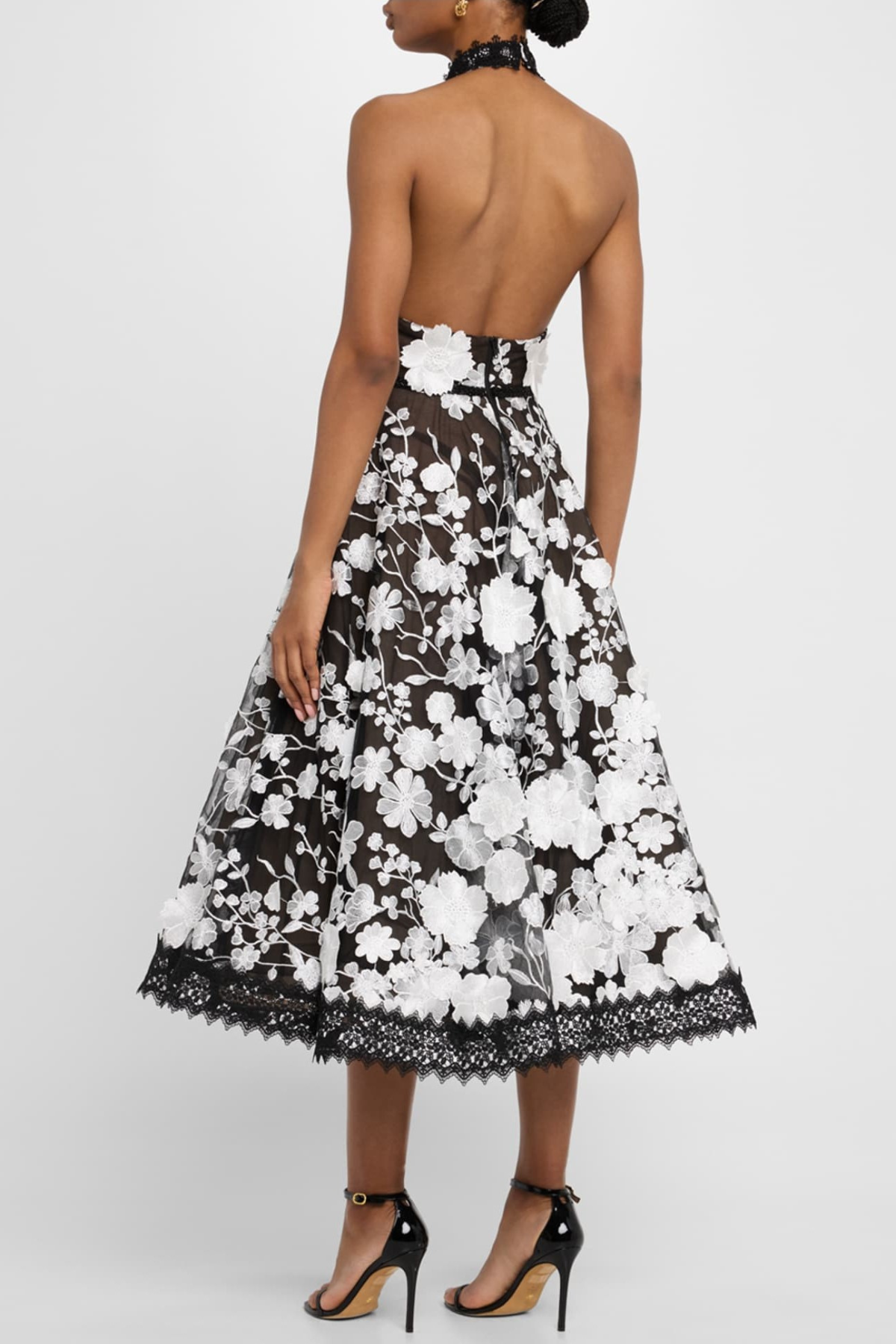 ALYSSA BLACK HALTER FLORAL EMBROIDERED MIDI DRESS
