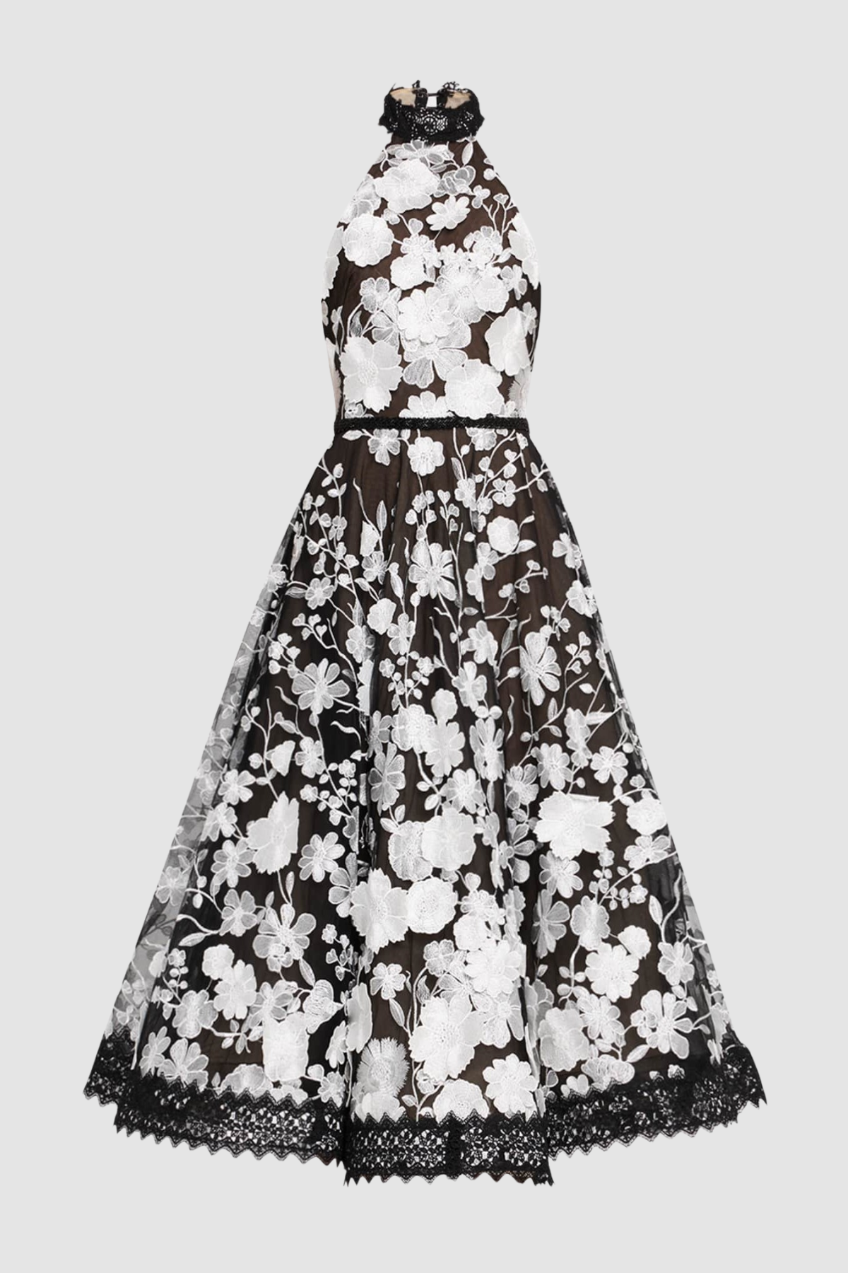 ALYSSA BLACK HALTER FLORAL EMBROIDERED MIDI DRESS