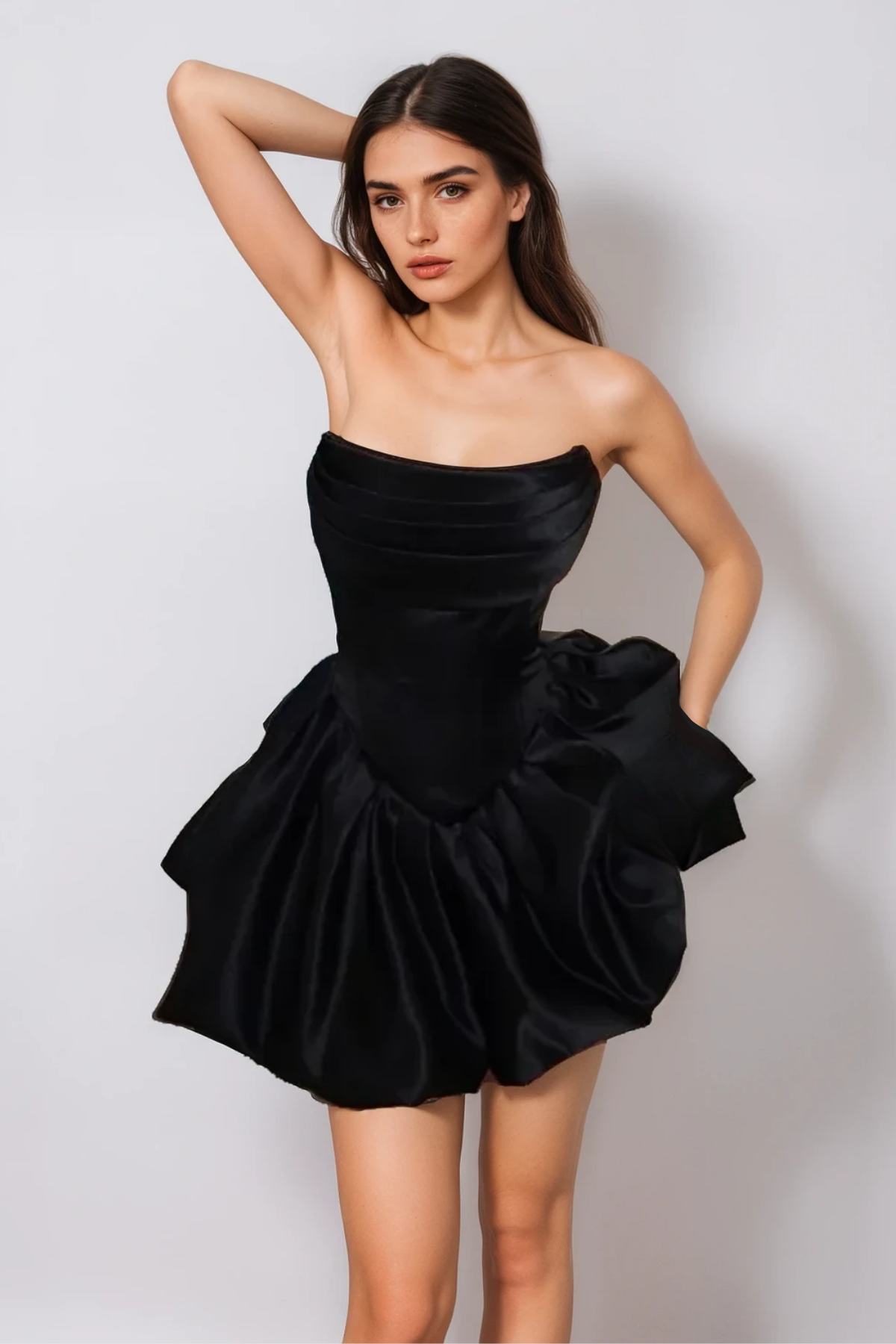 ANGELA STRAPLESS RUCHED SATIN MINI DRESS, BLACK