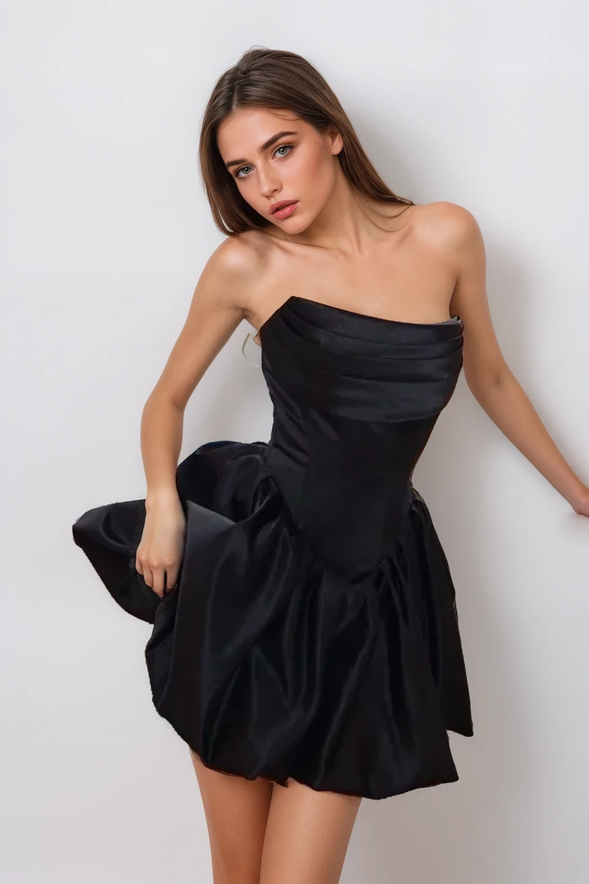 ANGELA STRAPLESS RUCHED SATIN MINI DRESS, BLACK
