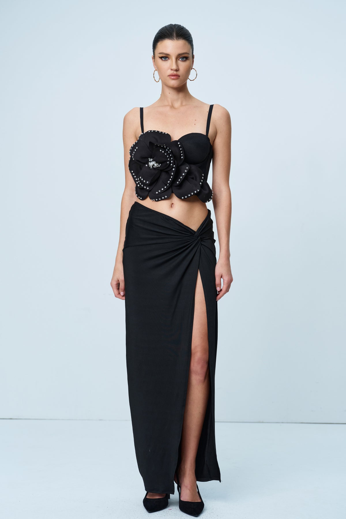 BLACK SPAGHETTI RHINESTONE TOP FLORAL PARTY WEAR